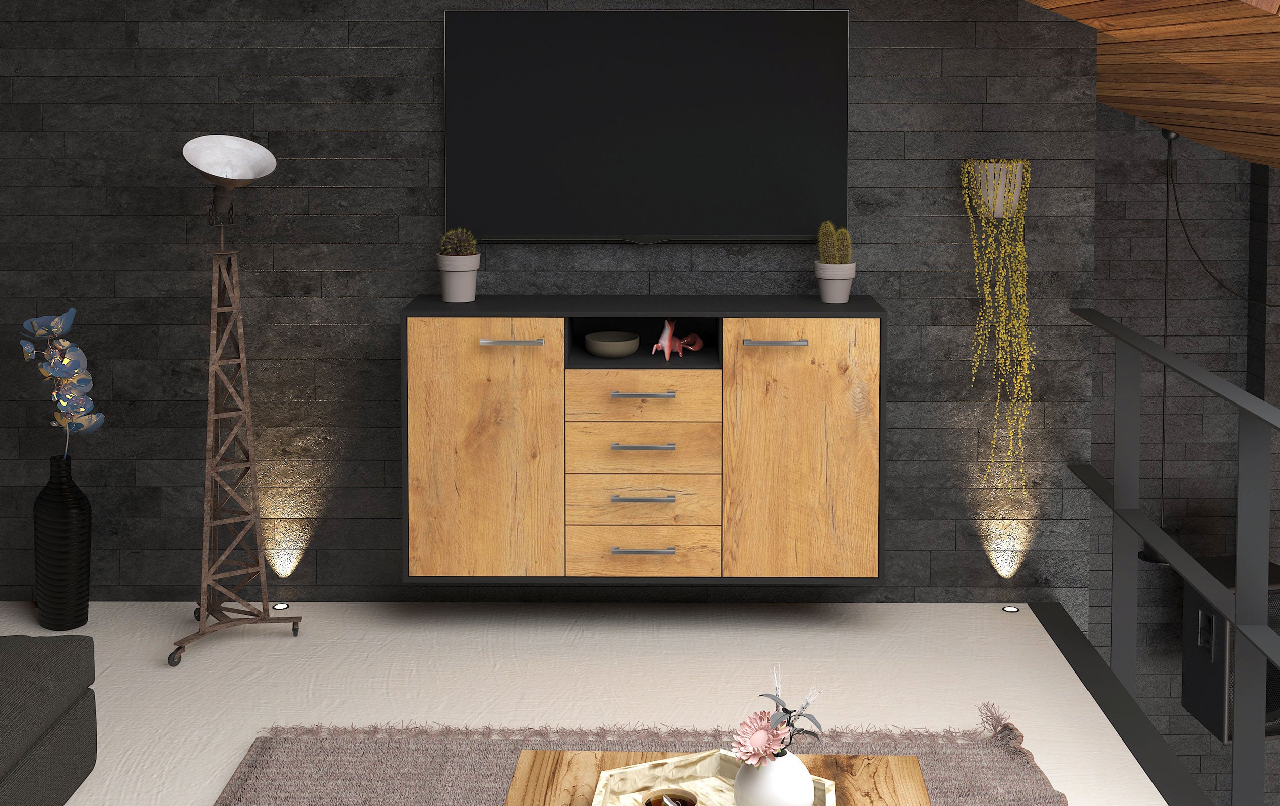 Sideboard - Donnice - Design Holzdekor - Wandmontage mit Griffe 136 cm Anthrazit