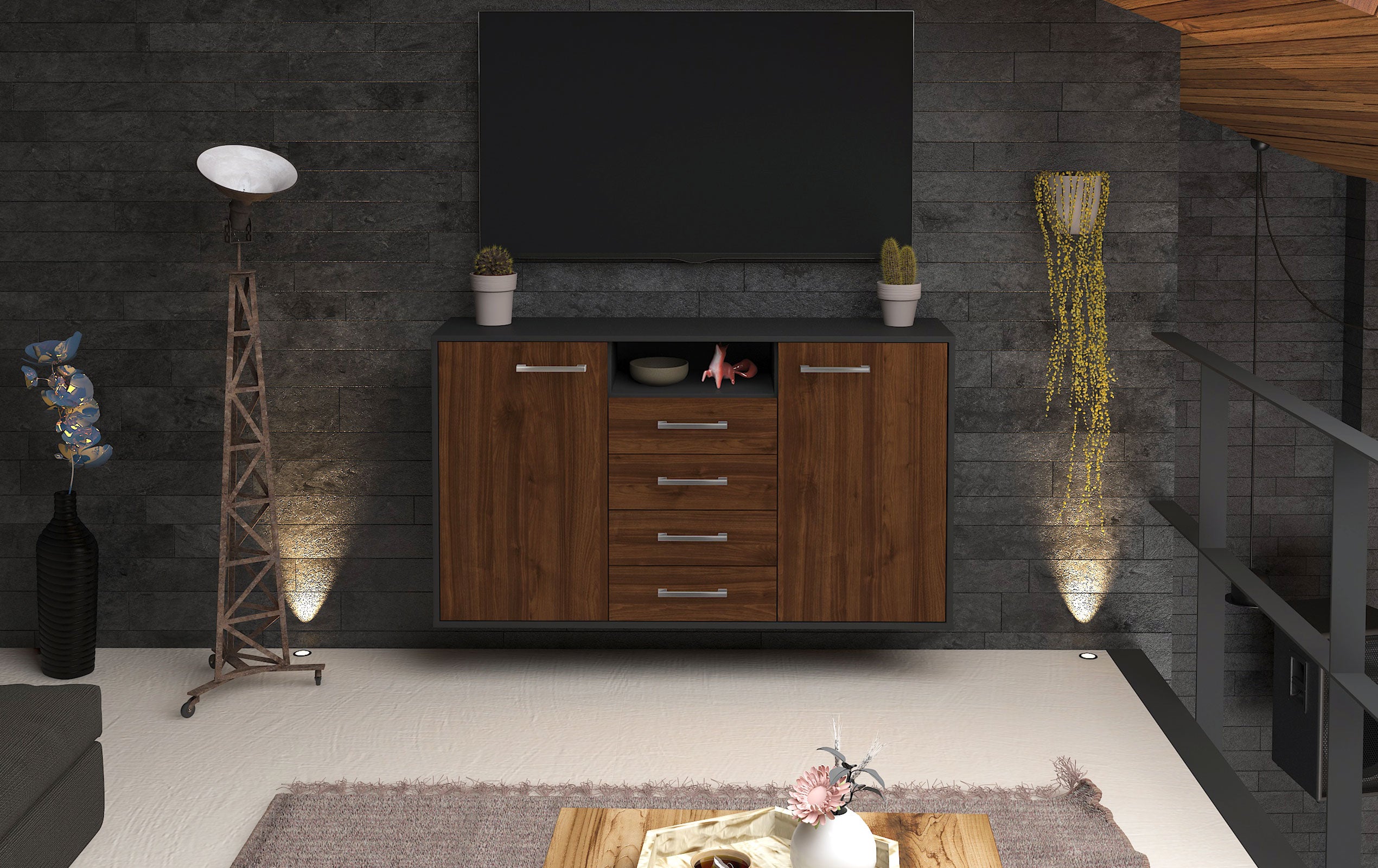 Sideboard - Donnice - Design Holzdekor - Wandmontage mit Griffe 136 cm Anthrazit