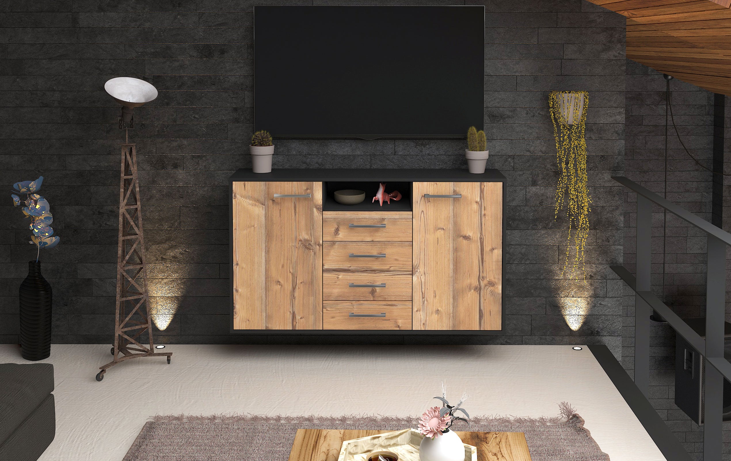 Sideboard - Donnice - Design Holzdekor - Wandmontage mit Griffe 136 cm Anthrazit