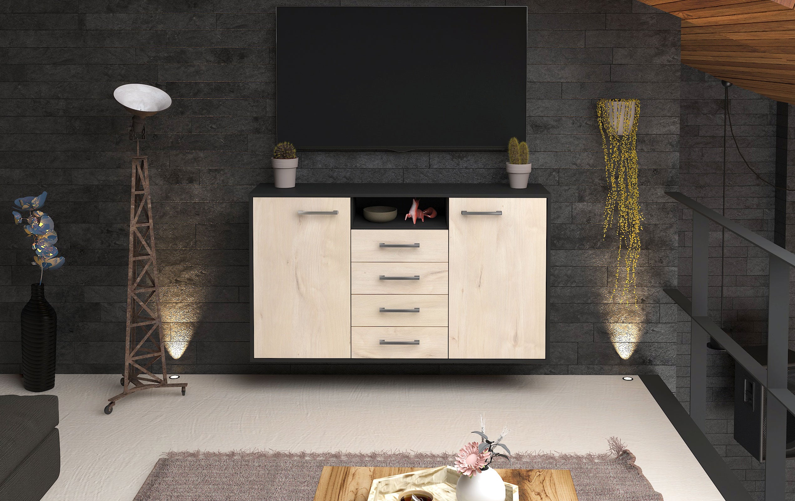 Sideboard - Donnice - Design Holzdekor - Wandmontage mit Griffe 136 cm Anthrazit