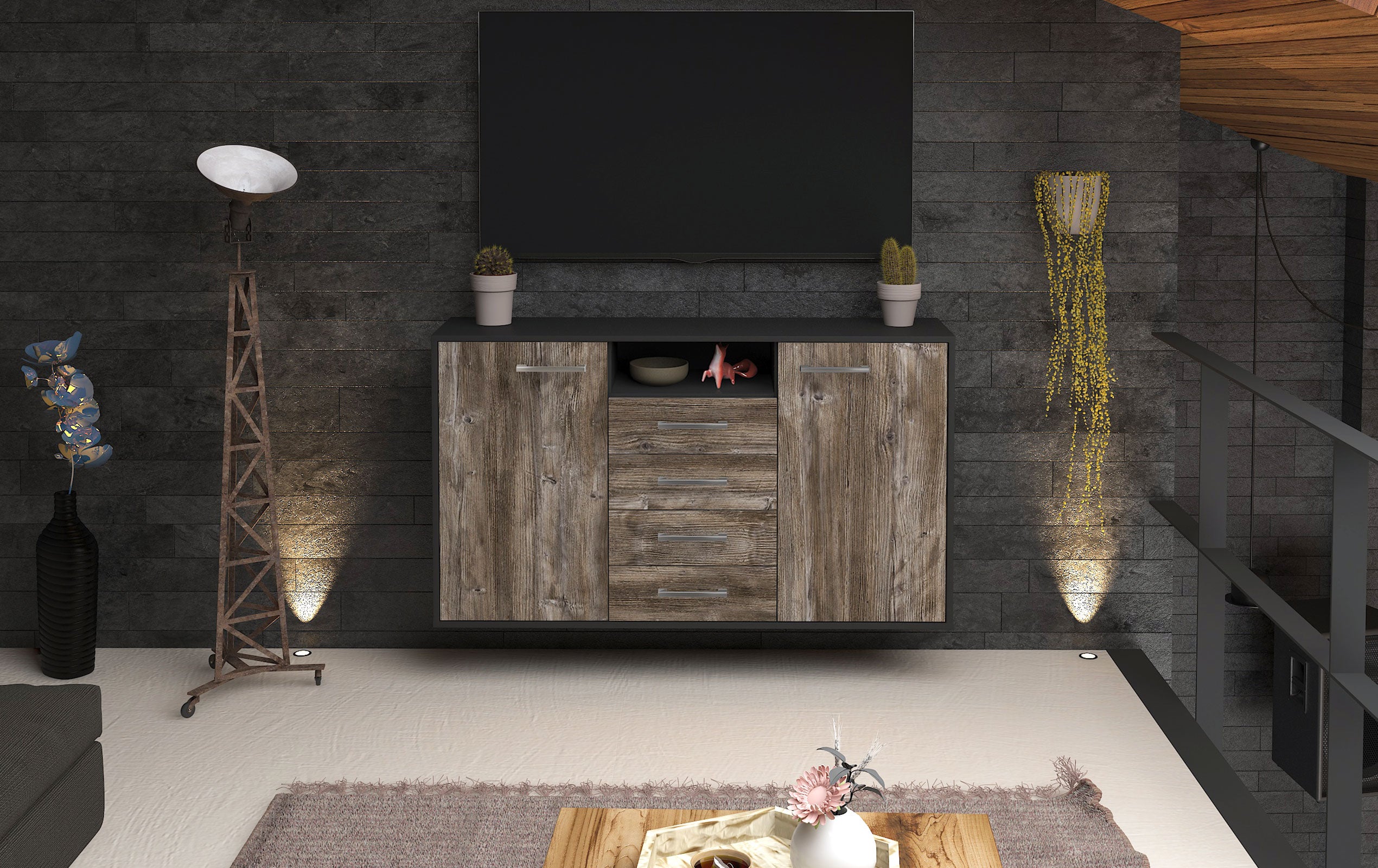 Sideboard - Donnice - Design Holzdekor - Wandmontage mit Griffe 136 cm Anthrazit