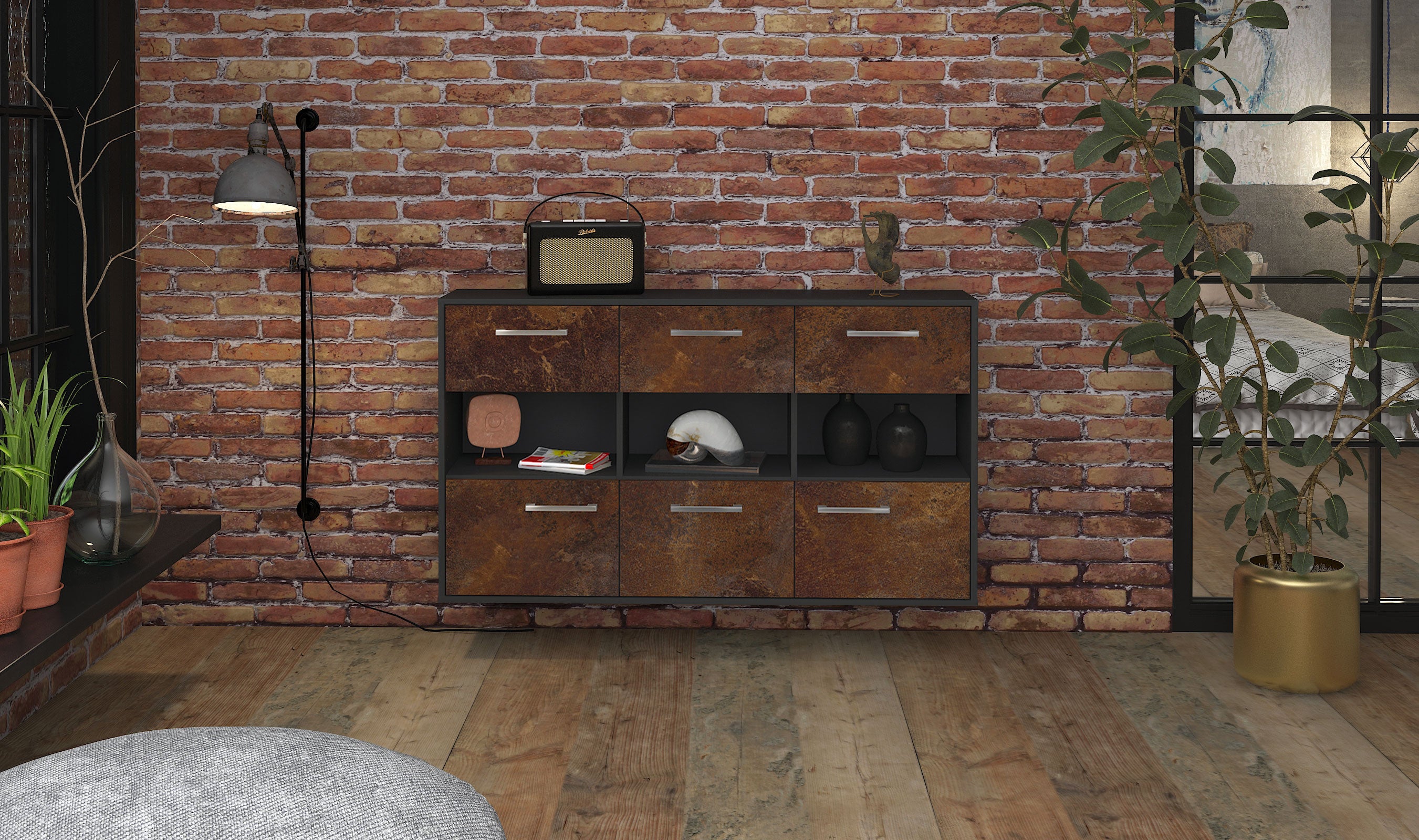 Sideboard - Dorett - Design Industrie Stil - Wandmontage mit Griffe 136 cm Anthrazit