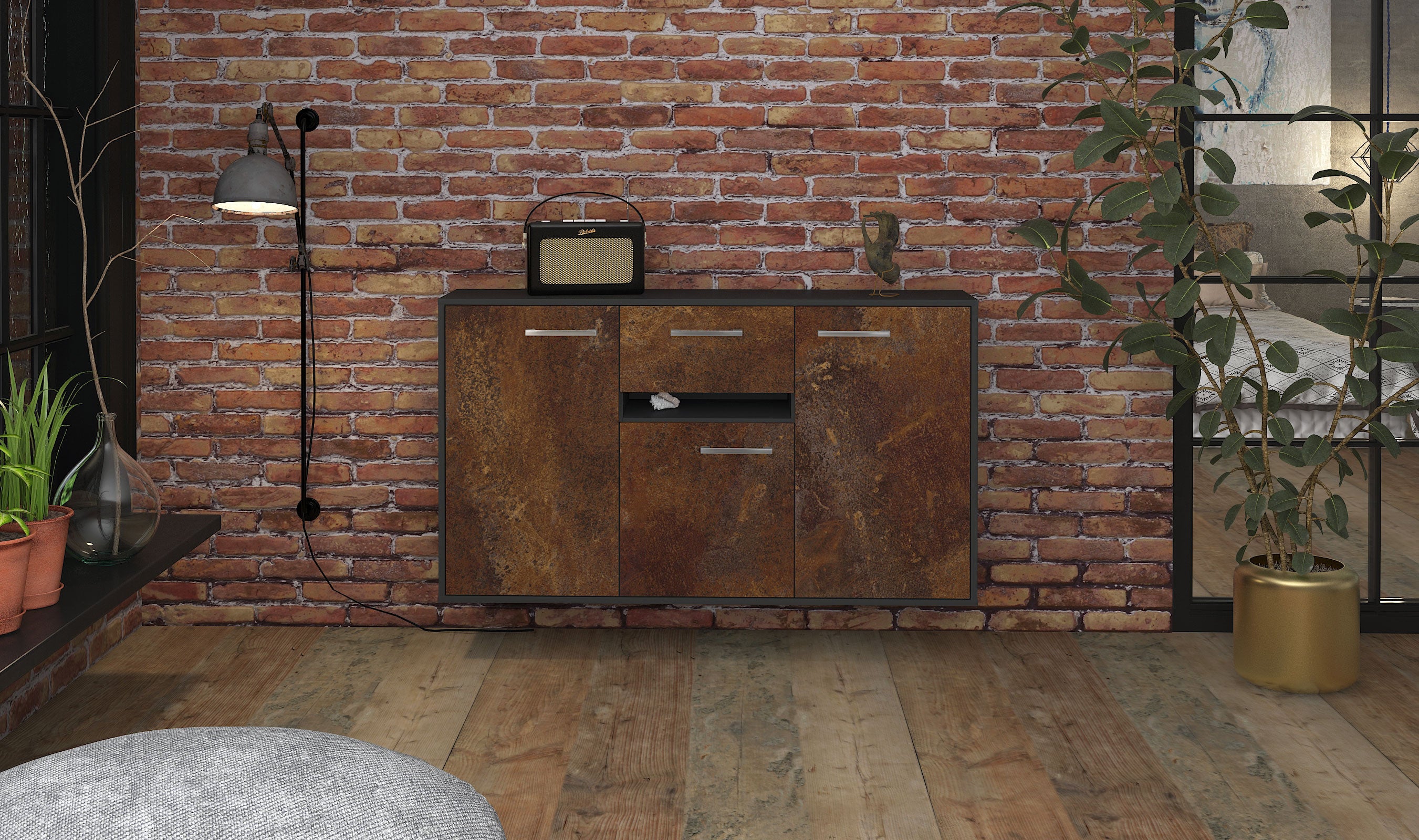 Sideboard - Dorina - Design Industrie Stil - Wandmontage mit Griffe 136 cm Anthrazit