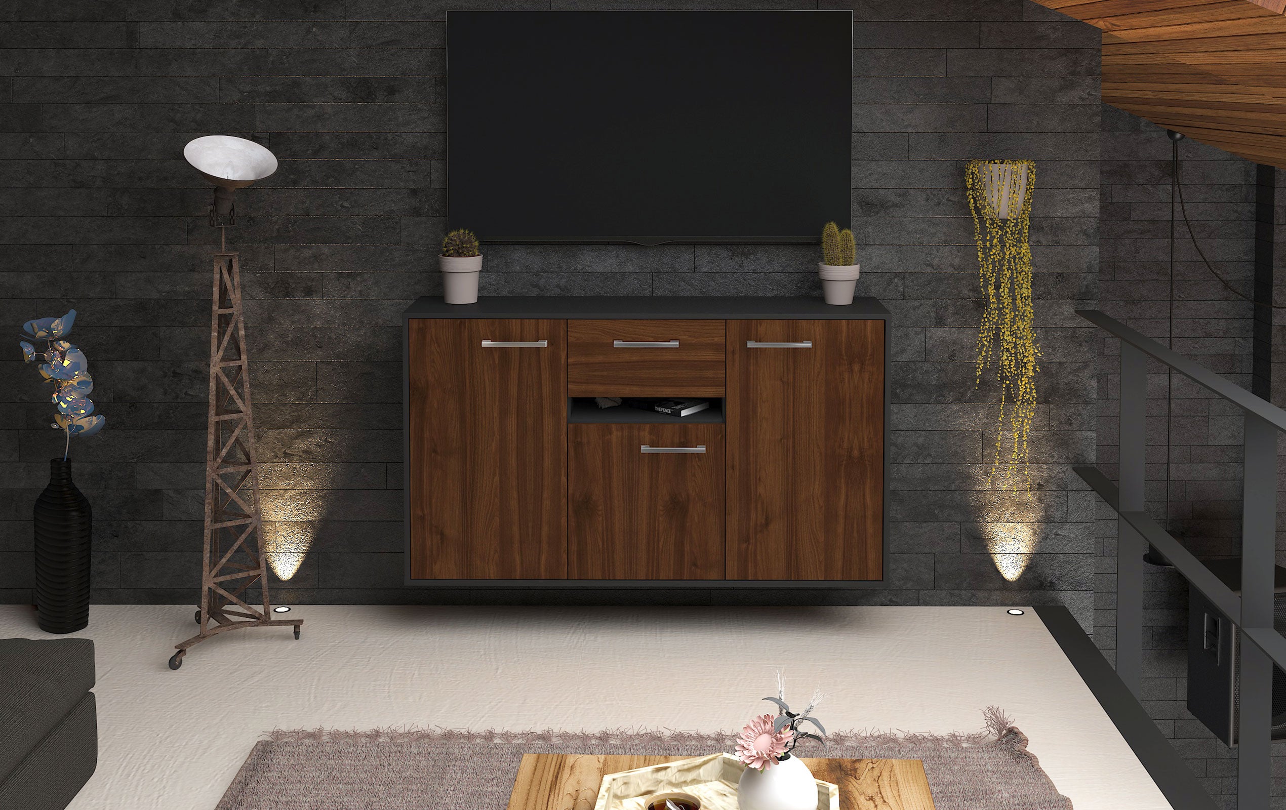 Sideboard - Dorina - Design Holzdekor - Wandmontage mit Griffe 136 cm Anthrazit