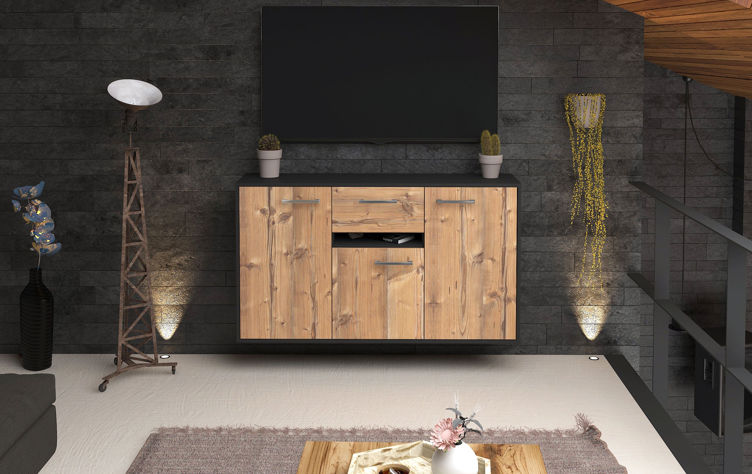 Sideboard - Dorina - Design Holzdekor - Wandmontage mit Griffe 136 cm Anthrazit