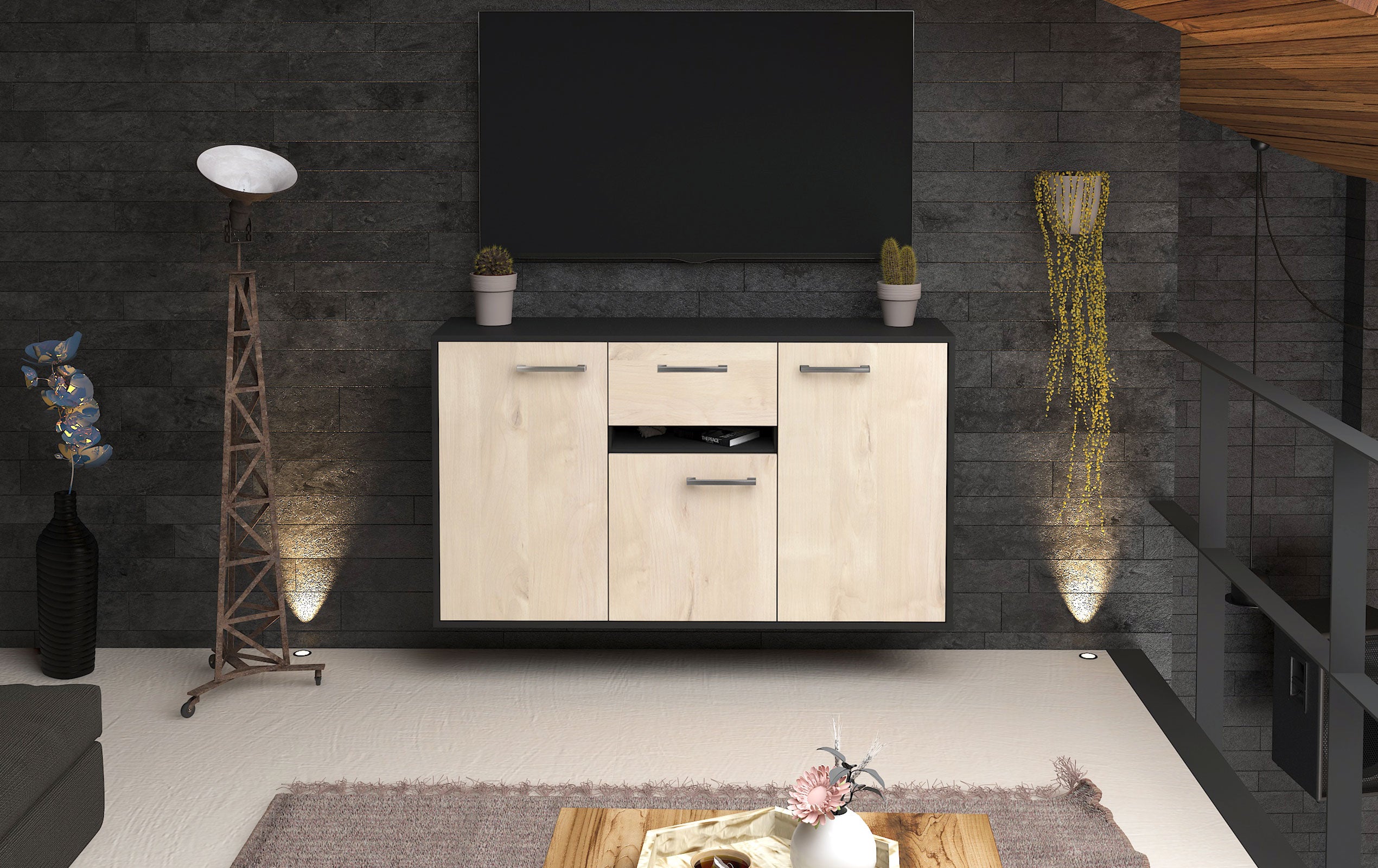 Sideboard - Dorina - Design Holzdekor - Wandmontage mit Griffe 136 cm Anthrazit