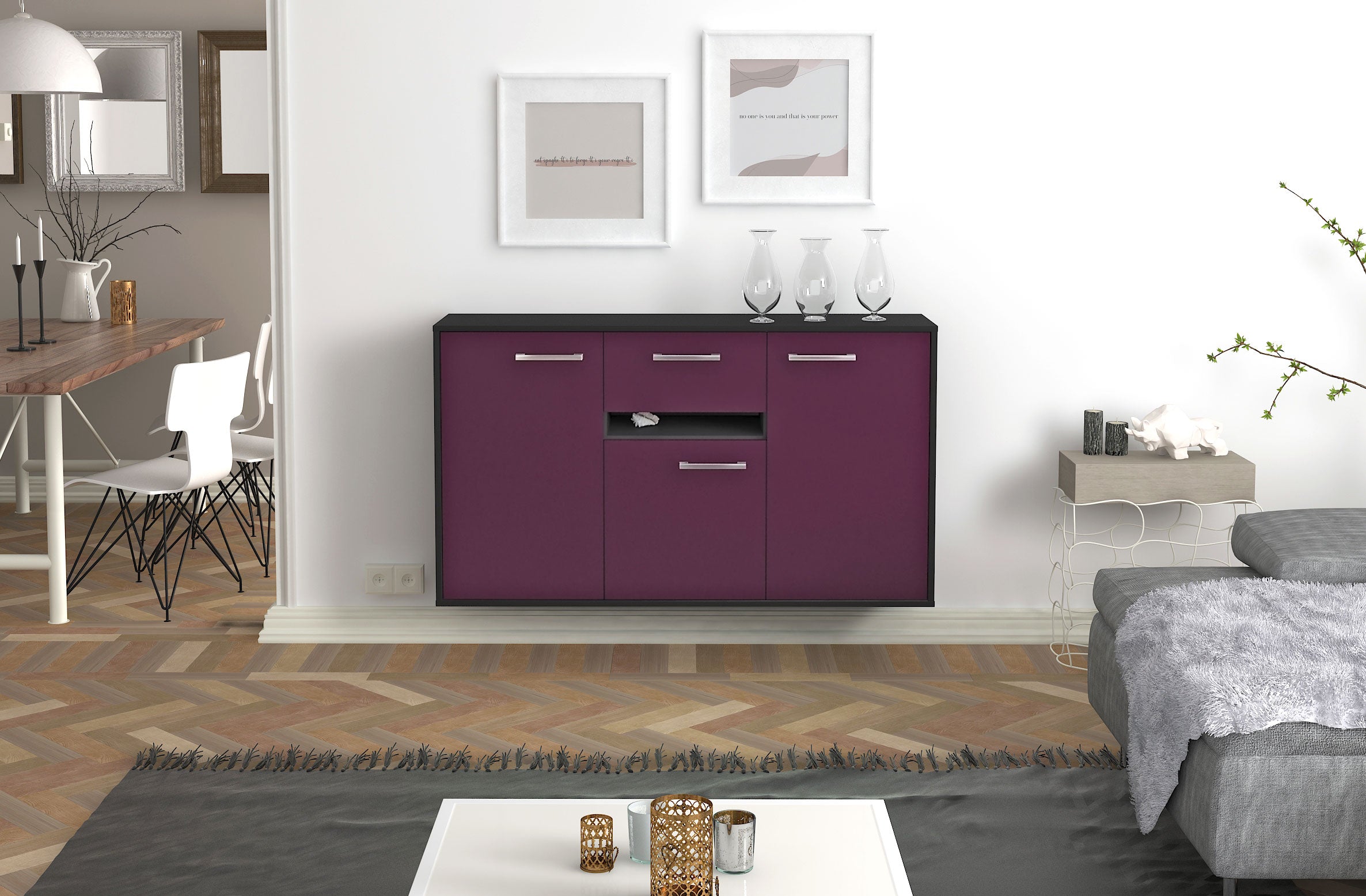 Sideboard - Dorina - Design Farbakzent - Wandmontage mit Griffe 136 cm Anthrazit
