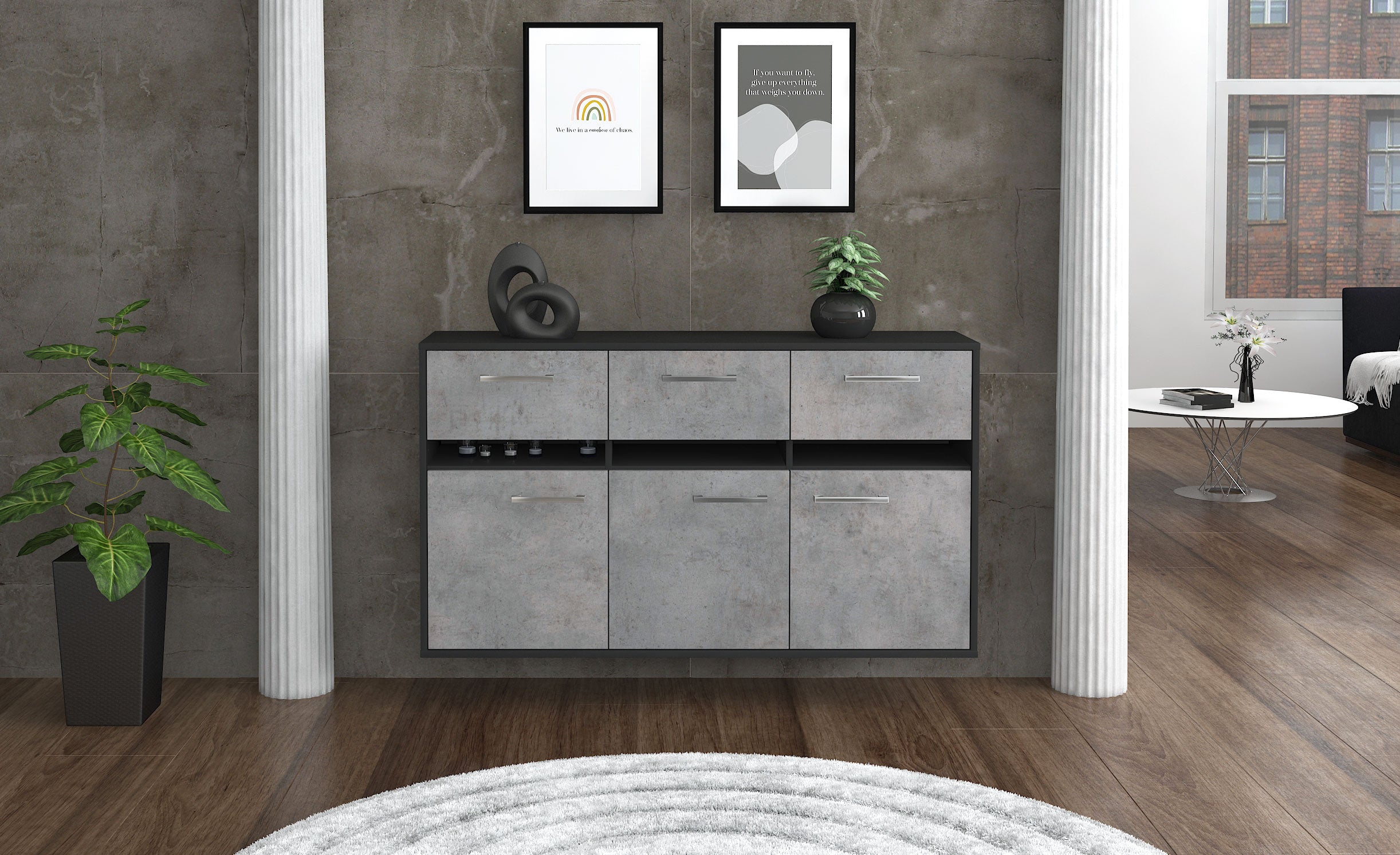 Sideboard - Dorinde - Design Industrie Stil - Wandmontage mit Griffe 136 cm Anthrazit