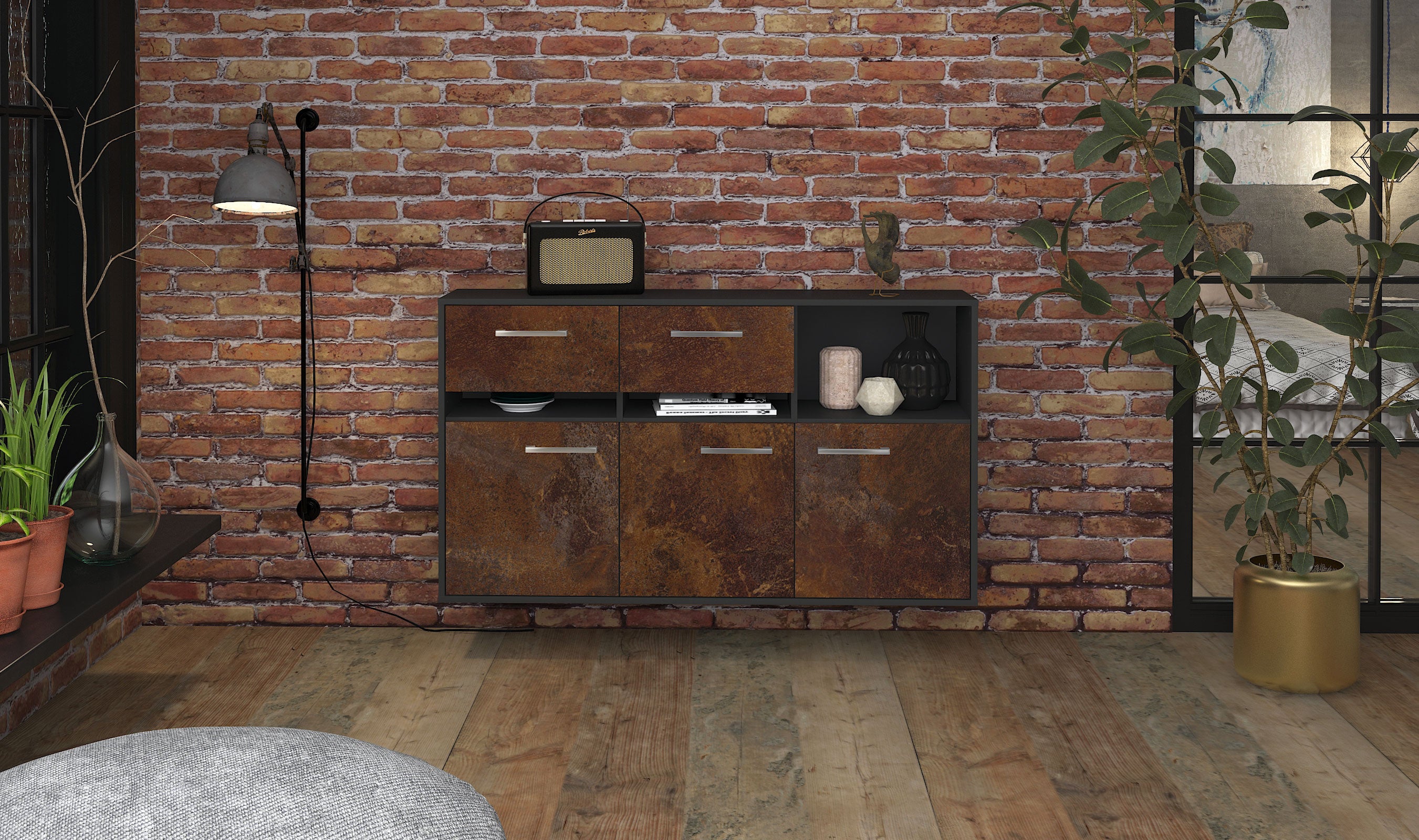 Sideboard - Dorotea - Design Industrie Stil - Wandmontage mit Griffe 136 cm Anthrazit