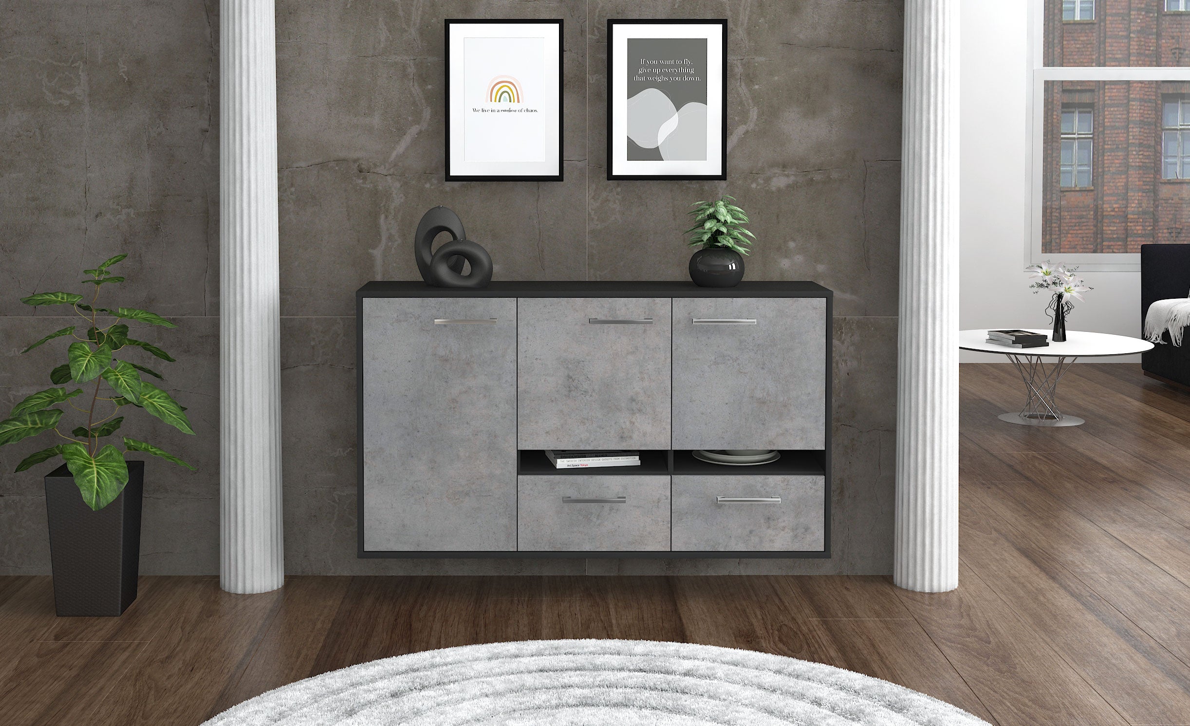 Sideboard - Ebe - Design Industrie Stil - Wandmontage mit Griffe 136 cm Anthrazit