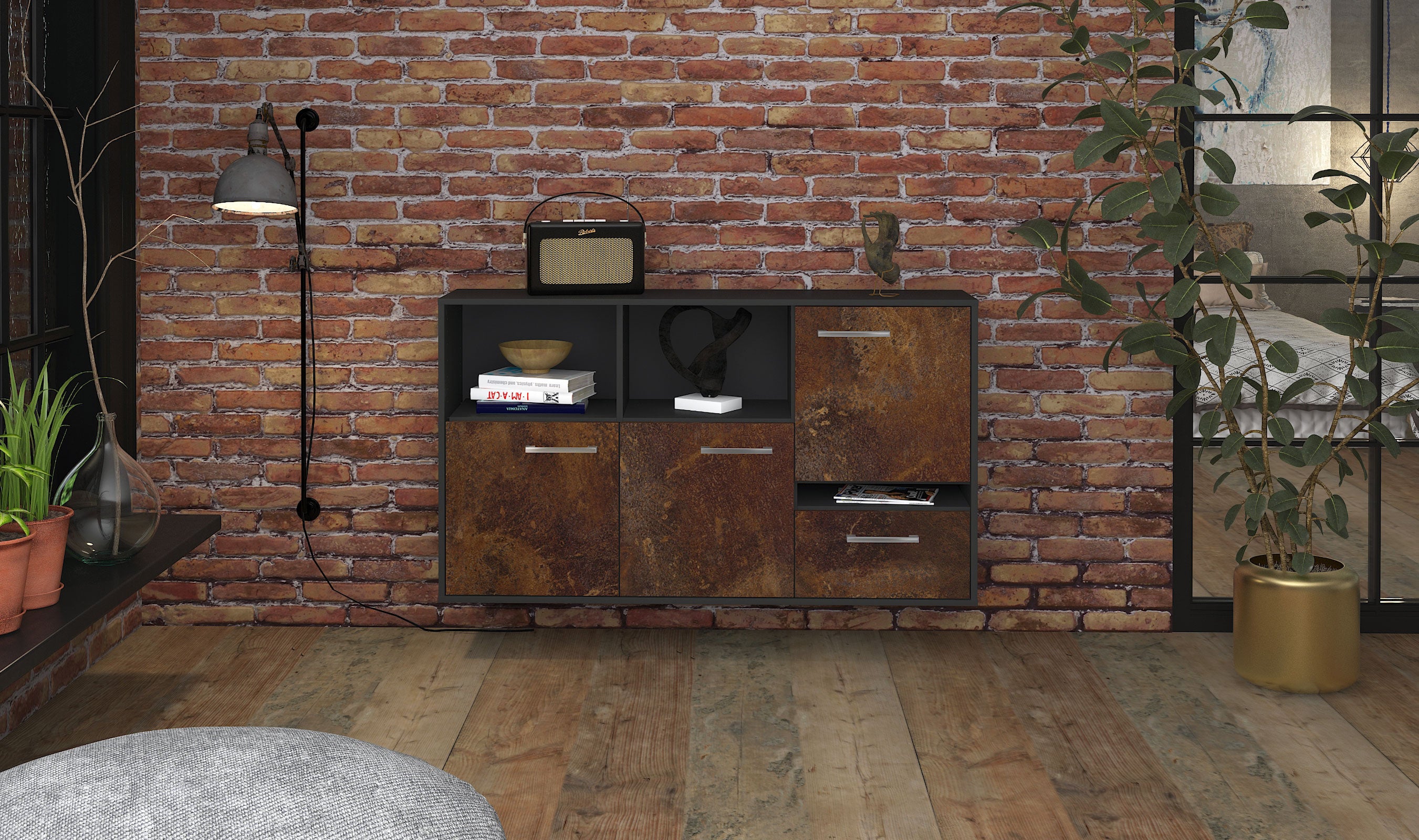 Sideboard - EDA - Design Industrie Stil - Wandmontage mit Griffe 136 cm Anthrazit