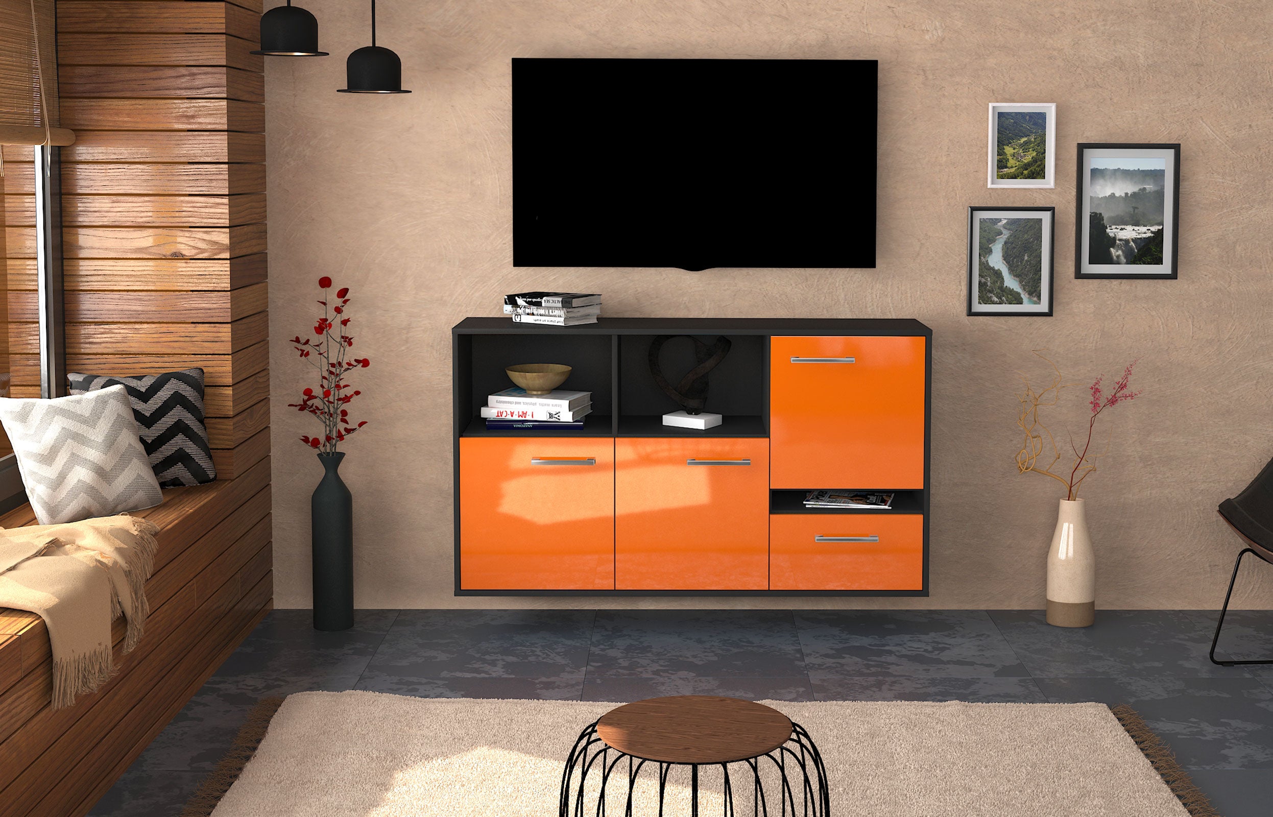 Sideboard - EDA - Design Hochglanz - Wandmontage mit Griffe 136 cm Anthrazit