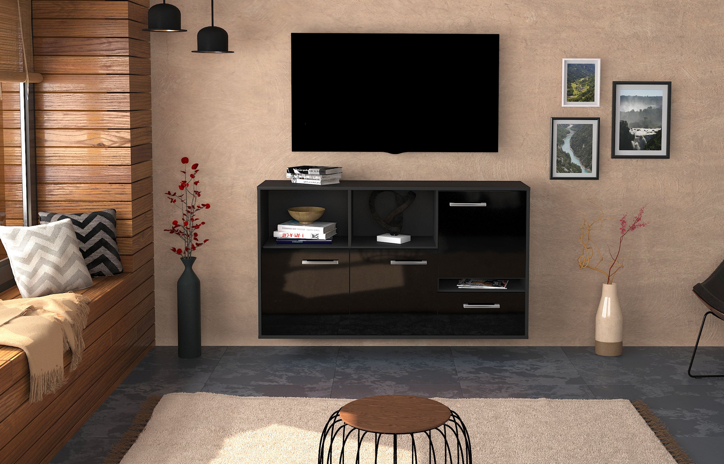 Sideboard - EDA - Design Hochglanz - Wandmontage mit Griffe 136 cm Anthrazit