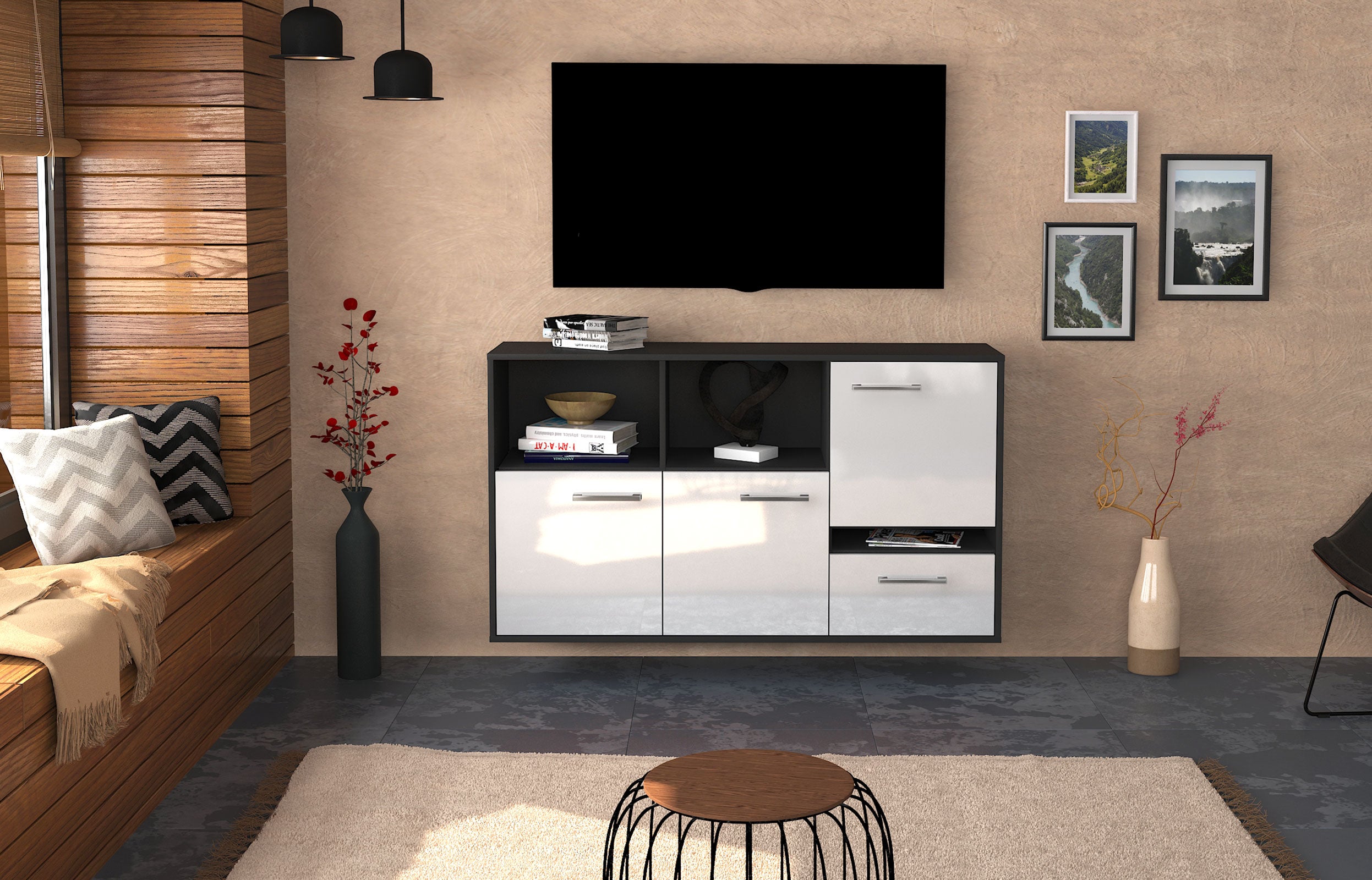 Sideboard - EDA - Design Hochglanz - Wandmontage mit Griffe 136 cm Anthrazit