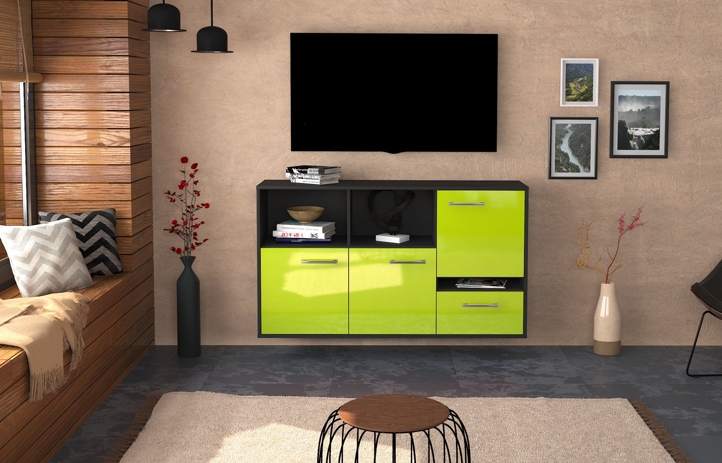 Sideboard - EDA - Design Hochglanz - Wandmontage mit Griffe 136 cm Anthrazit