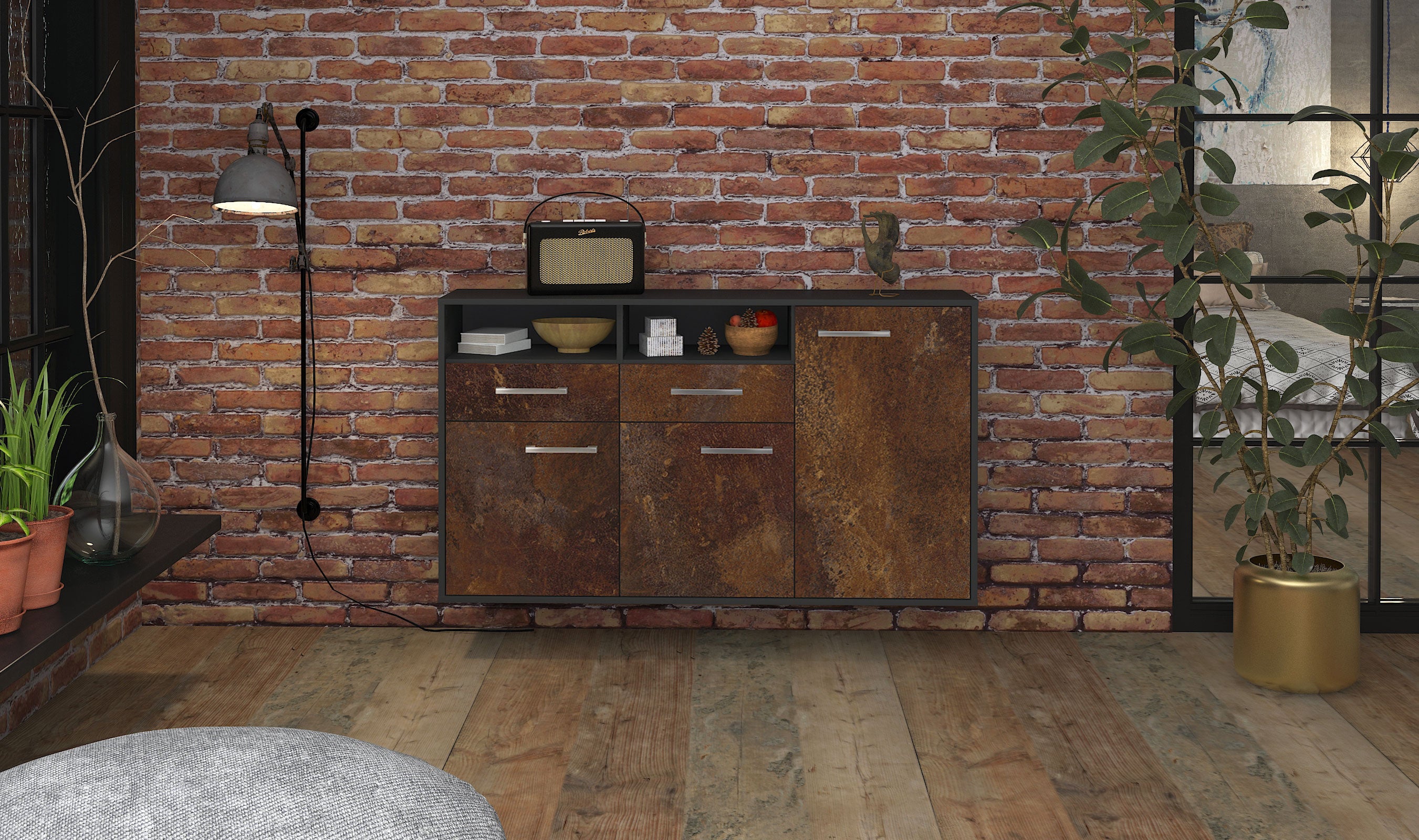 Sideboard - Editta - Design Industrie Stil - Wandmontage mit Griffe 136 cm Anthrazit