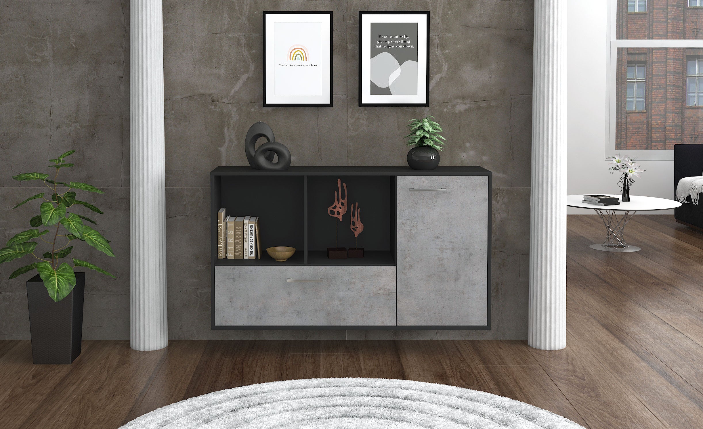 Sideboard - Ela - Design Industrie Stil - Wandmontage mit Griffe 136 cm Anthrazit