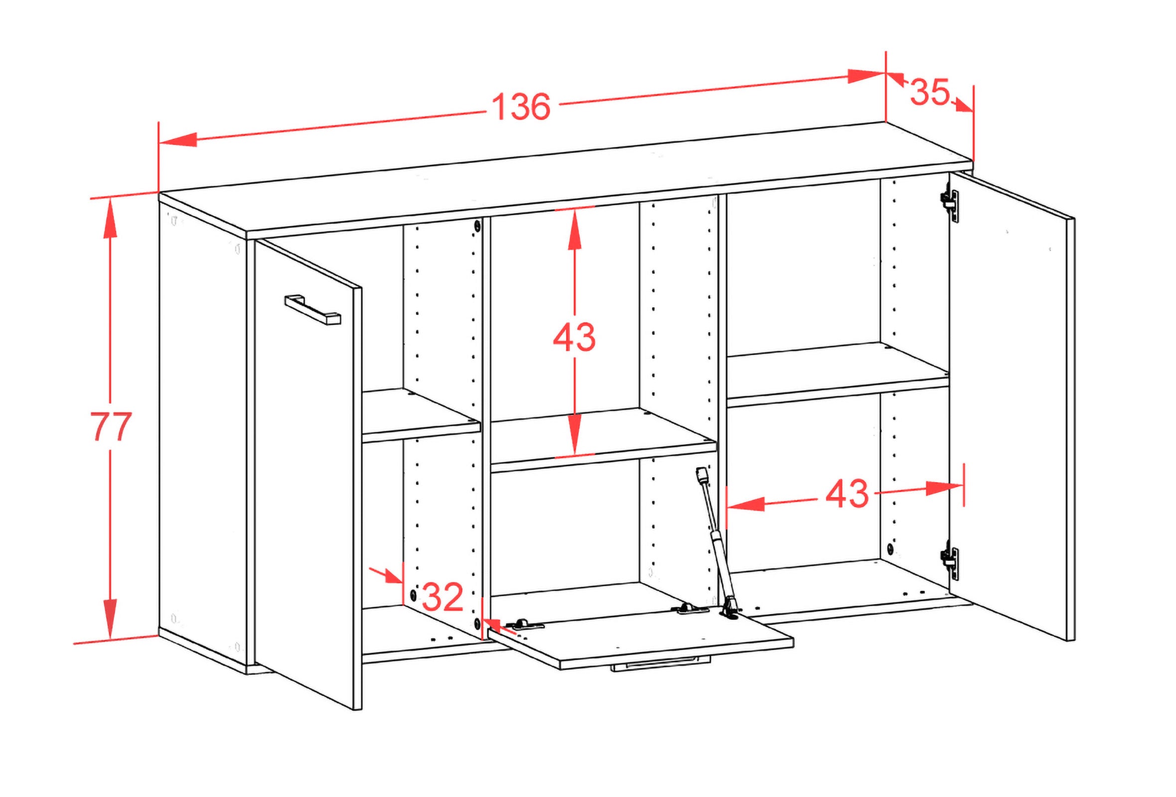 Sideboard - Dhonna - Design Hochglanz - Wandmontage mit Griffe 136 cm Weiss