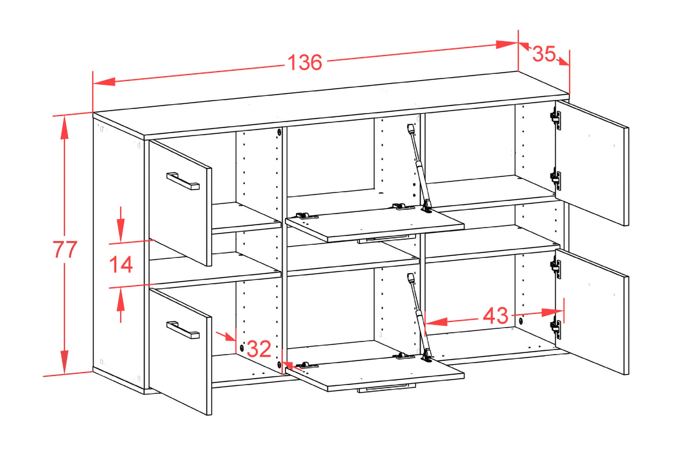Sideboard - Diletta - Design Hochglanz - Wandmontage mit Griffe 136 cm Anthrazit