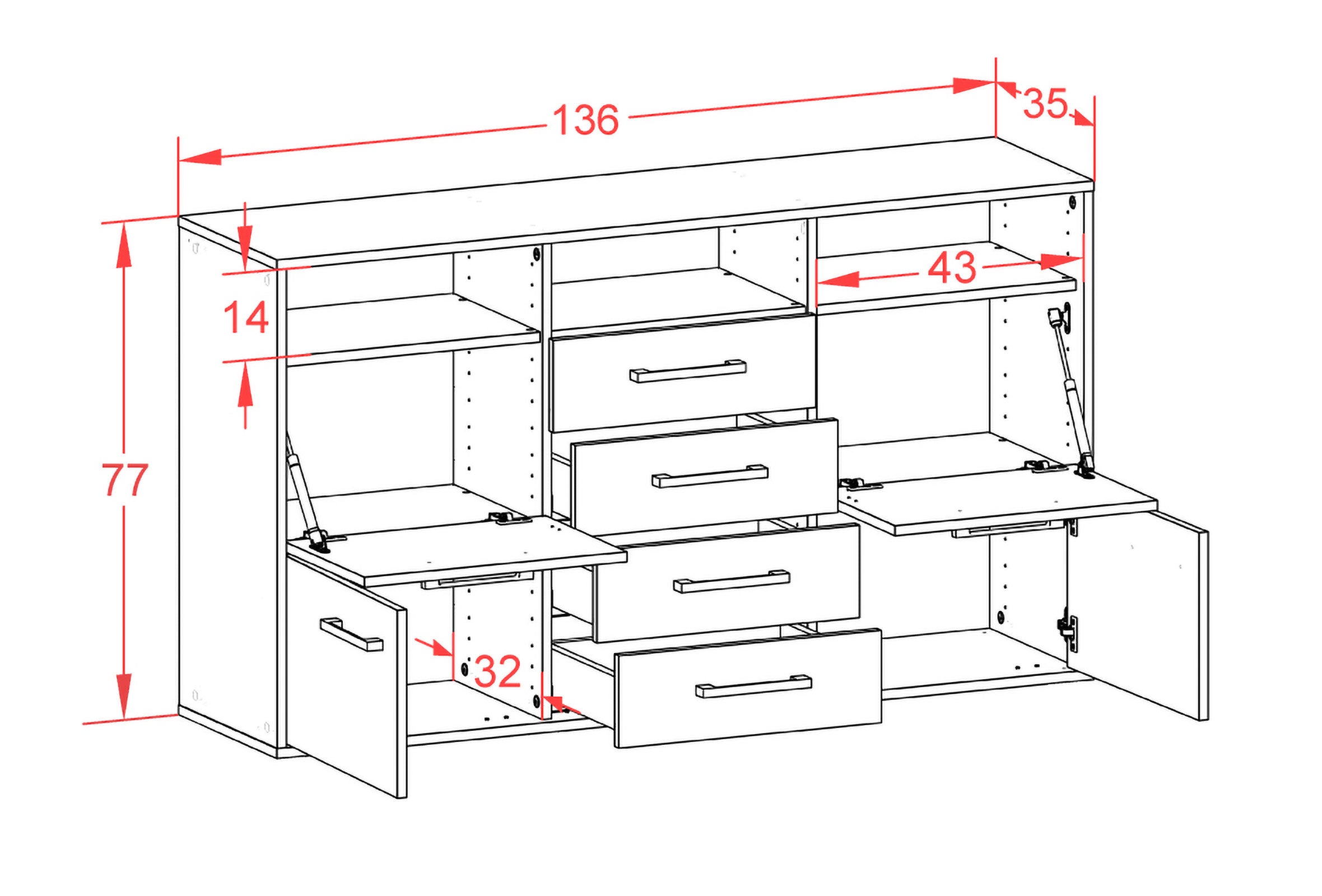 Sideboard - Donabella - Design Hochglanz - Wandmontage mit Griffe 136 cm Anthrazit