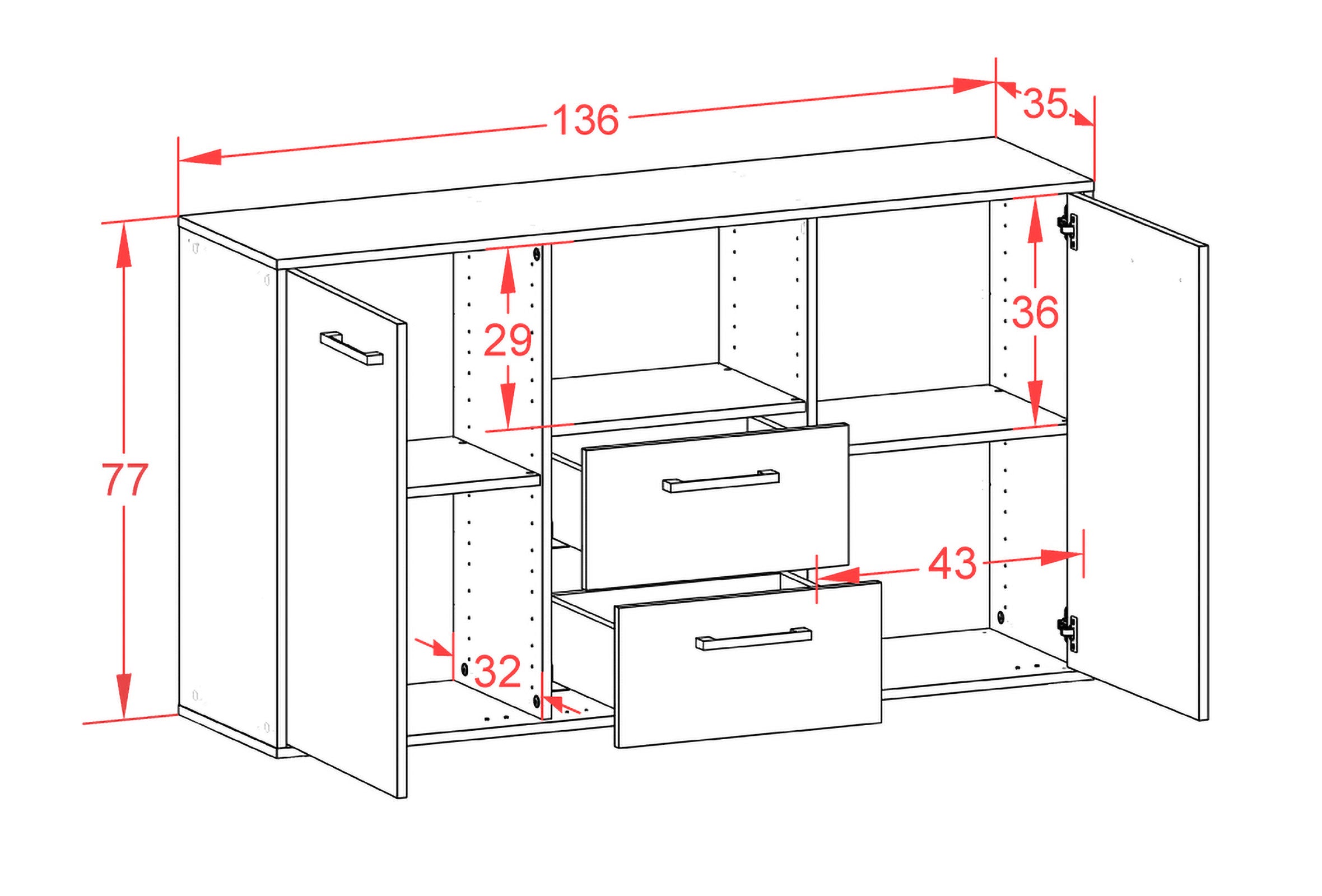 Sideboard - Donika - Design Farbakzent - Wandmontage mit Griffe 136 cm Weiss