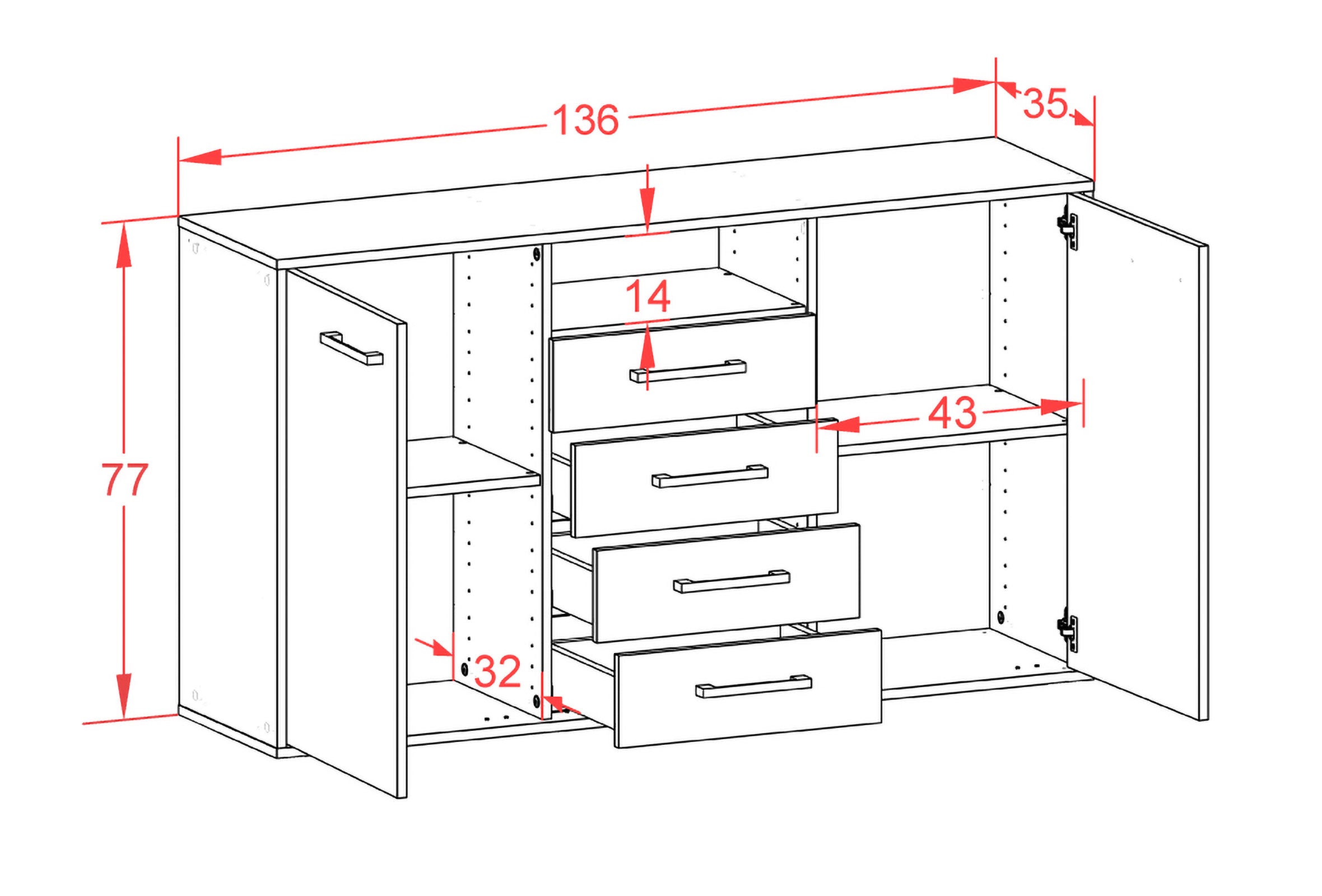 Sideboard - Donnice - Design Holzdekor - Wandmontage mit Griffe 136 cm Anthrazit