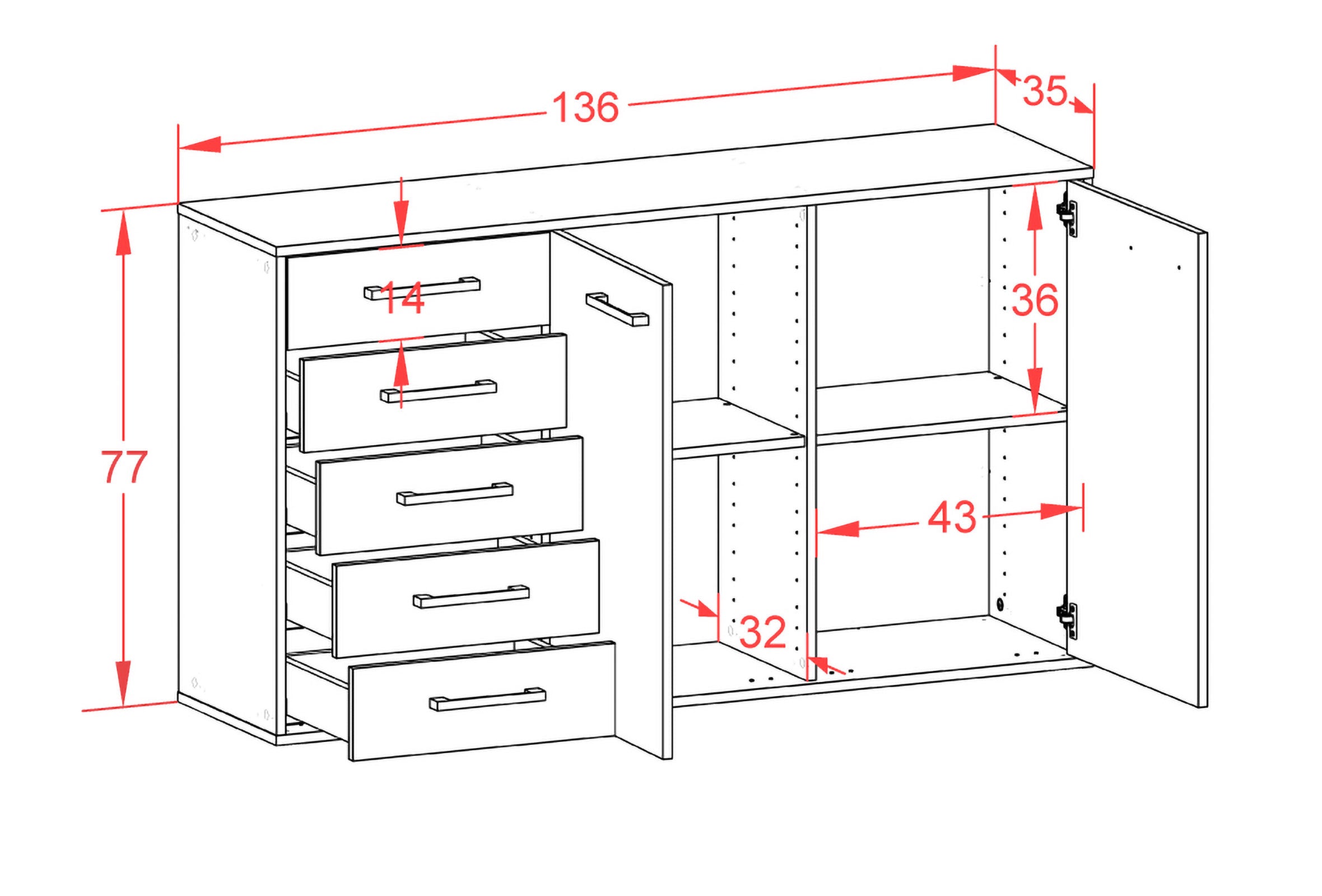 Sideboard - Dorentina - Design Industrie Stil - Wandmontage mit Griffe 136 cm Weiss