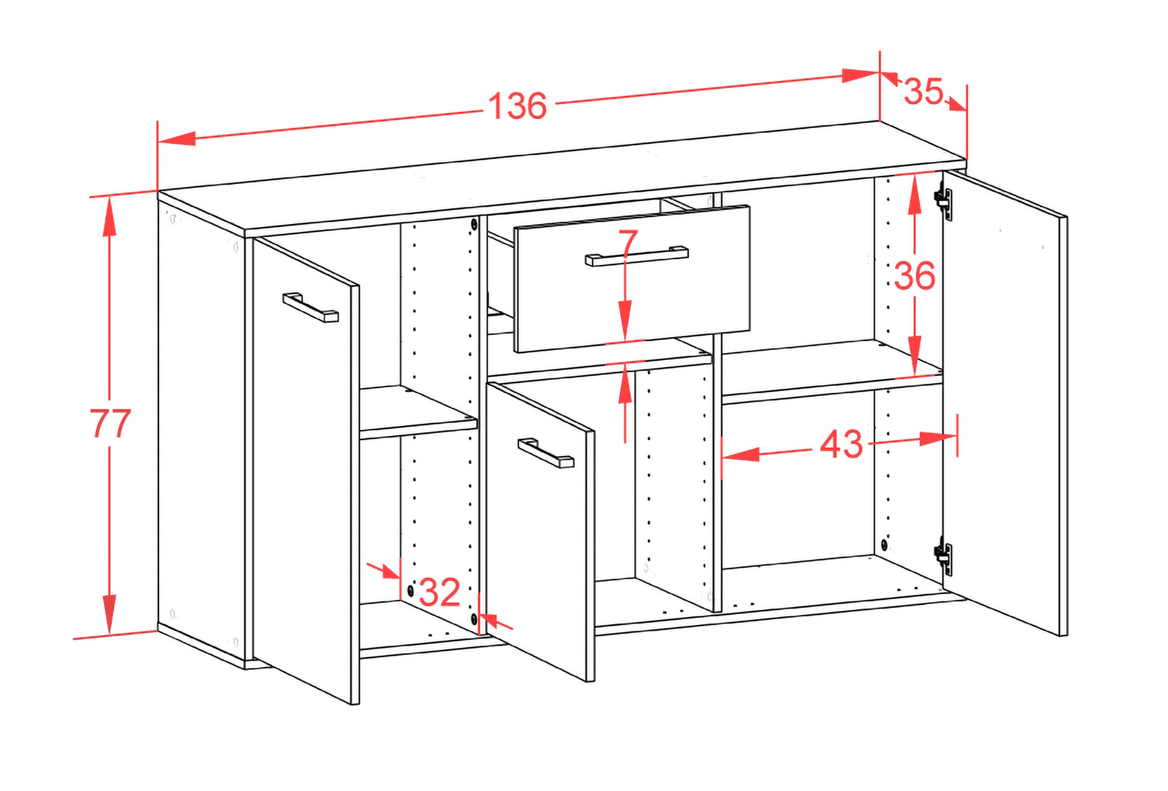 Sideboard - Dorina - Design Farbakzent - Wandmontage mit Griffe 136 cm Anthrazit