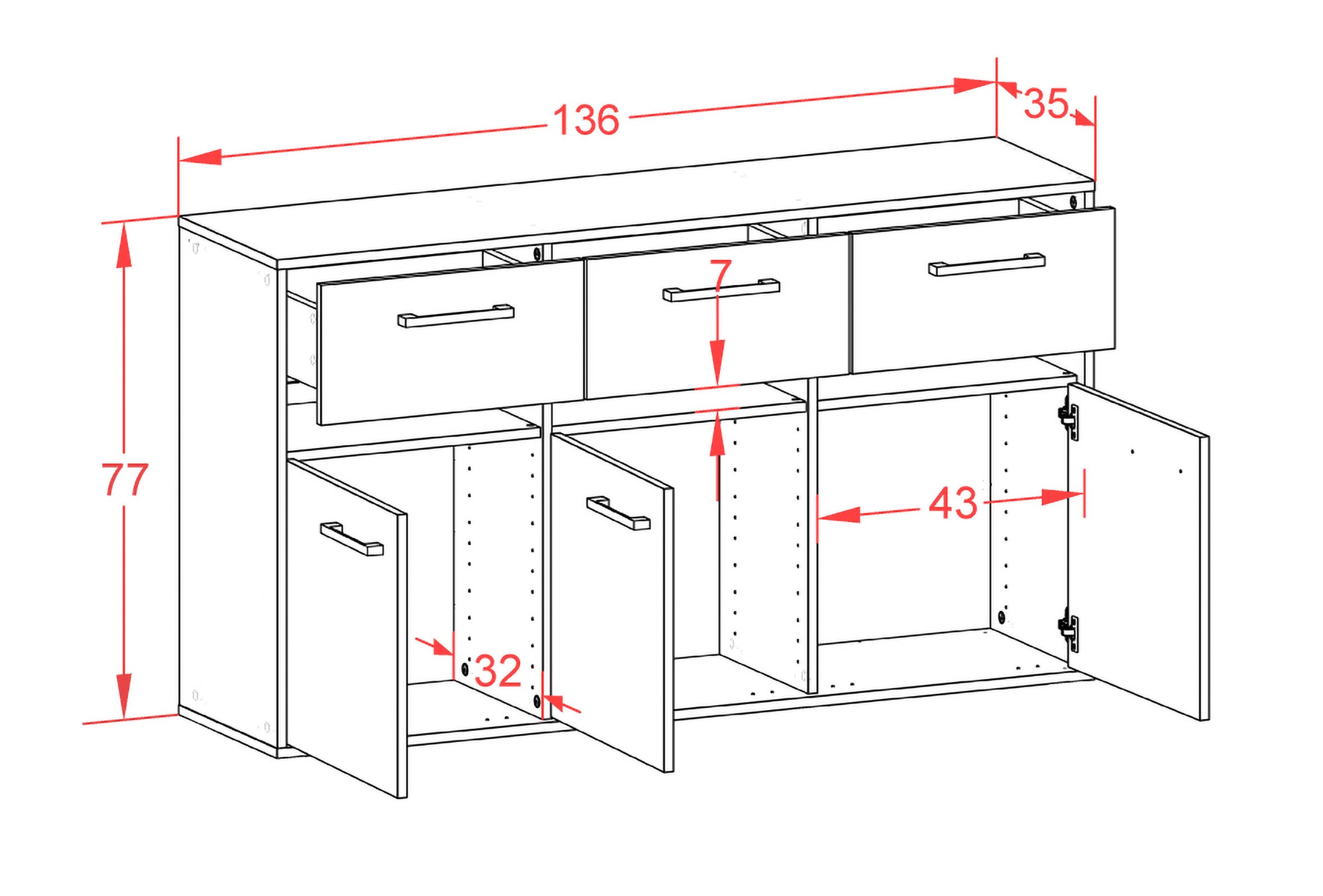 Sideboard - Dorinde - Design Holzdekor - Wandmontage mit Griffe 136 cm Weiss