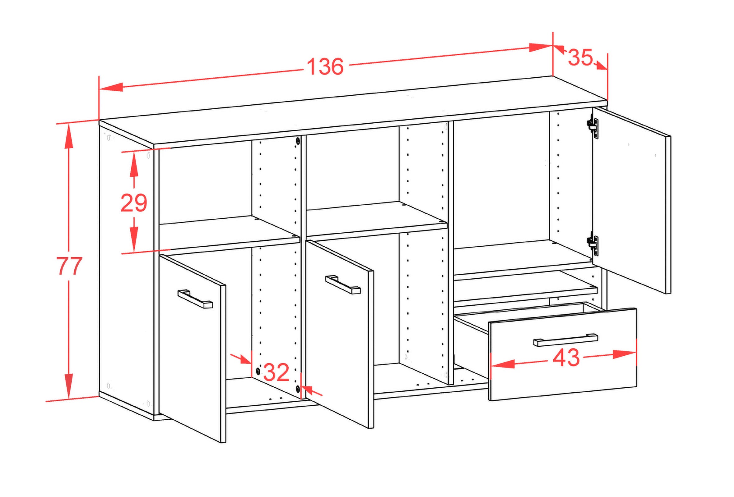 Sideboard - EDA - Design Holzdekor - Wandmontage mit Griffe 136 cm Weiss