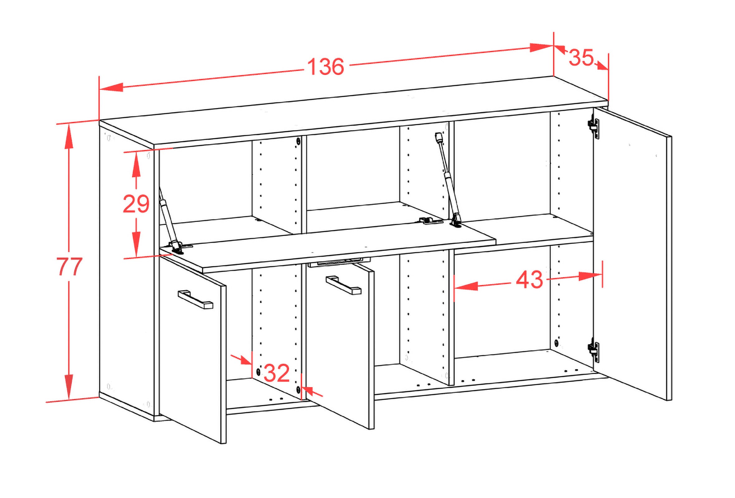 Sideboard - Edera - Design Industrie Stil - Wandmontage mit Griffe 136 cm Weiss