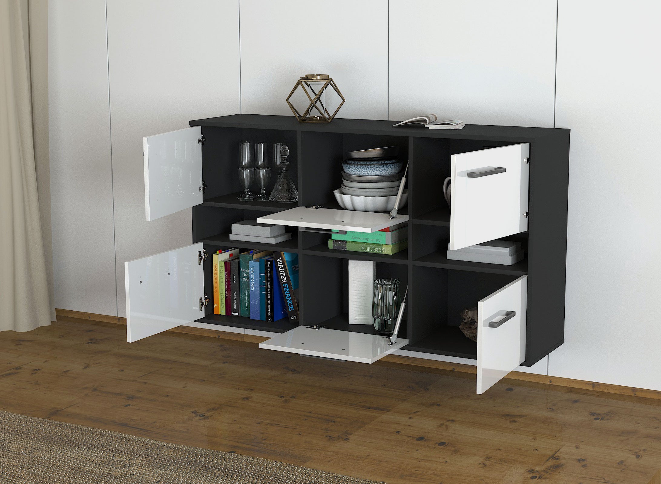 Sideboard - Diletta - Design Hochglanz - Wandmontage mit Griffe 136 cm Anthrazit