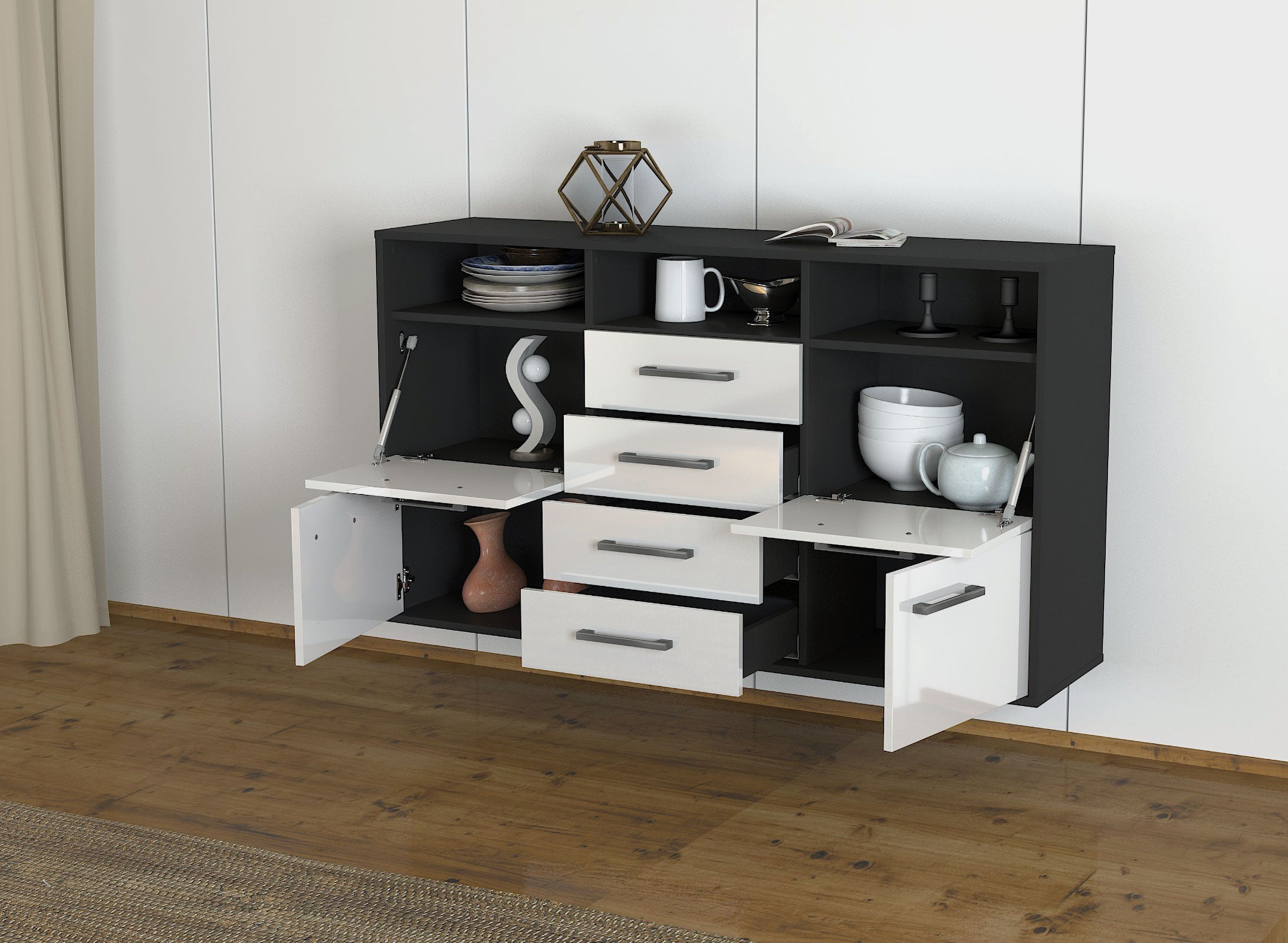 Sideboard - Donabella - Design Hochglanz - Wandmontage mit Griffe 136 cm Anthrazit