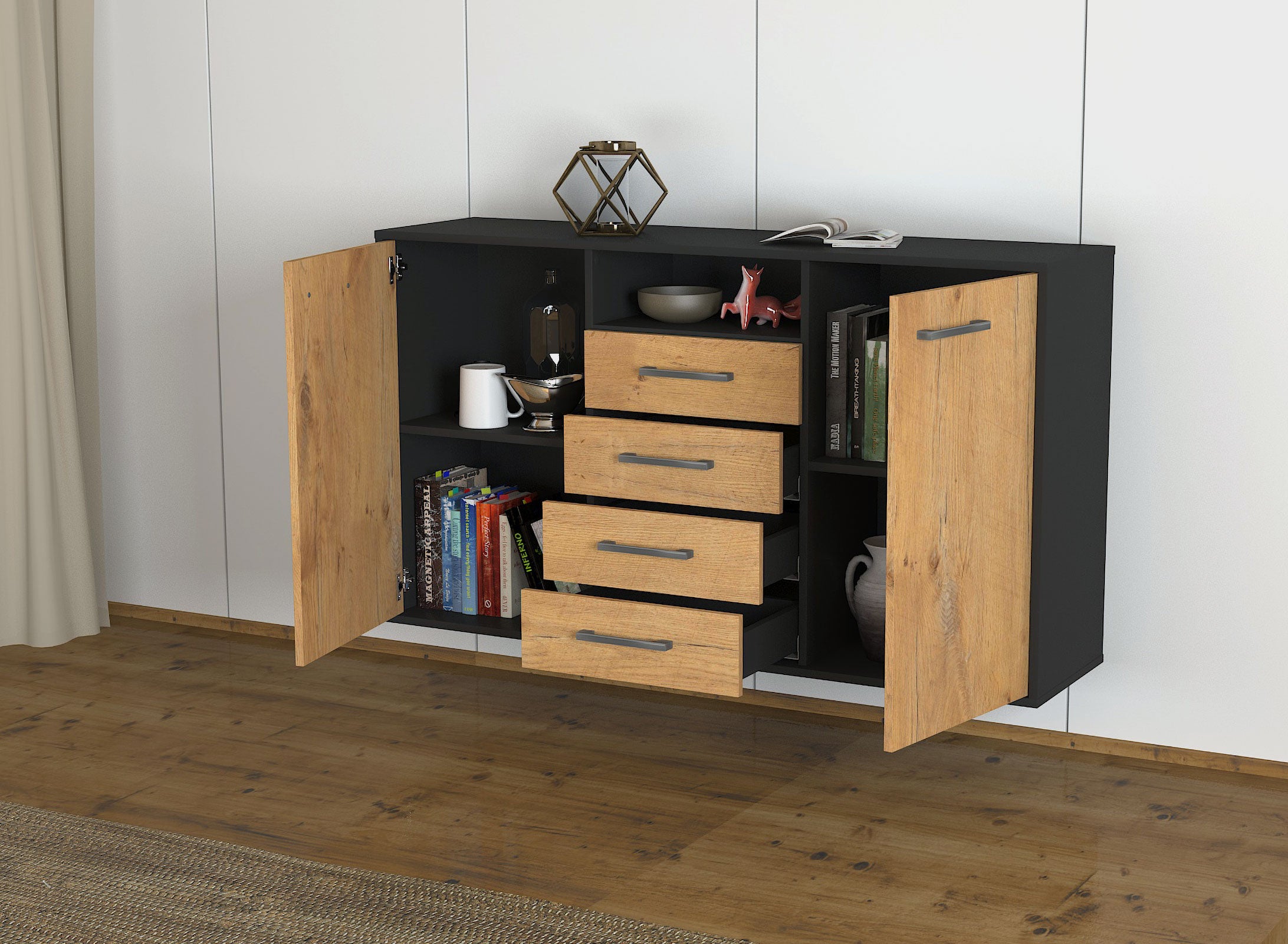 Sideboard - Donnice - Design Holzdekor - Wandmontage mit Griffe 136 cm Anthrazit