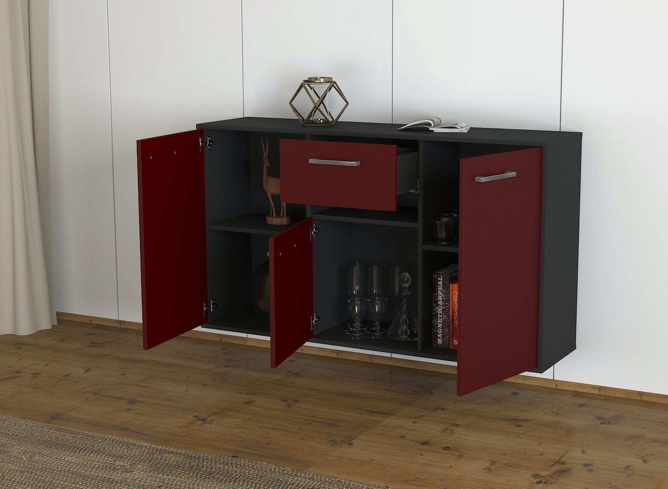 Sideboard - Dorina - Design Farbakzent - Wandmontage mit Griffe 136 cm Anthrazit