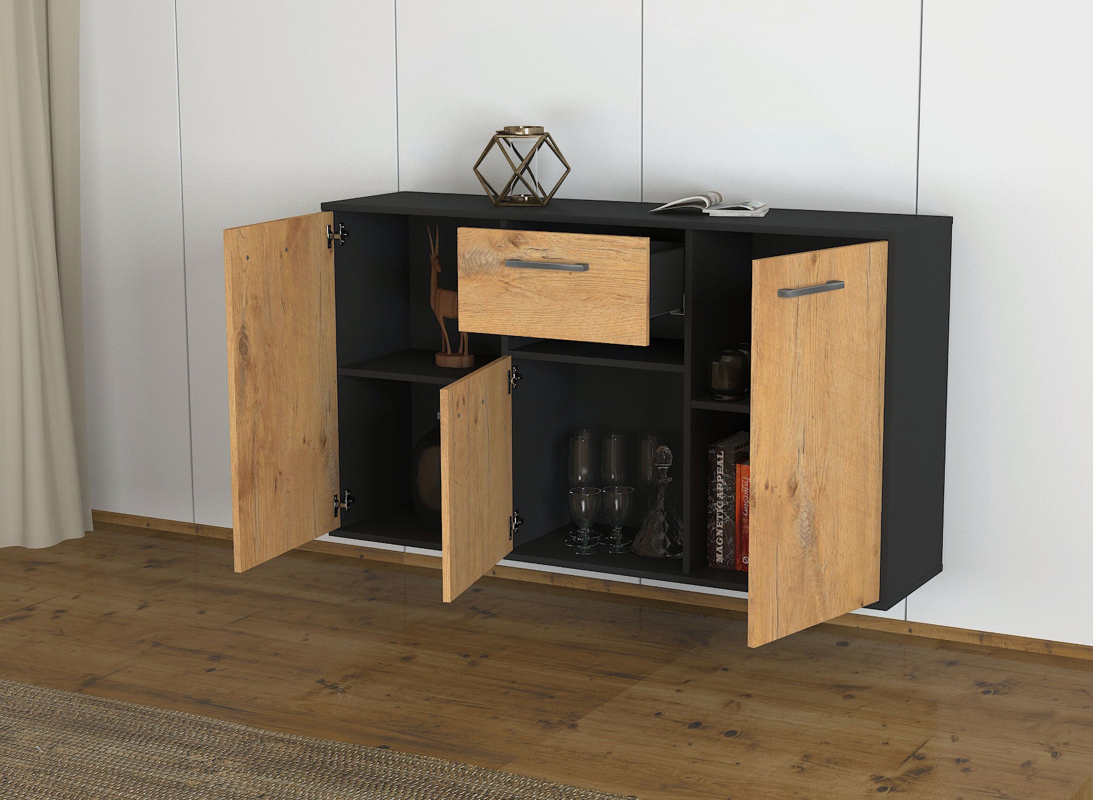 Sideboard - Dorina - Design Holzdekor - Wandmontage mit Griffe 136 cm Anthrazit