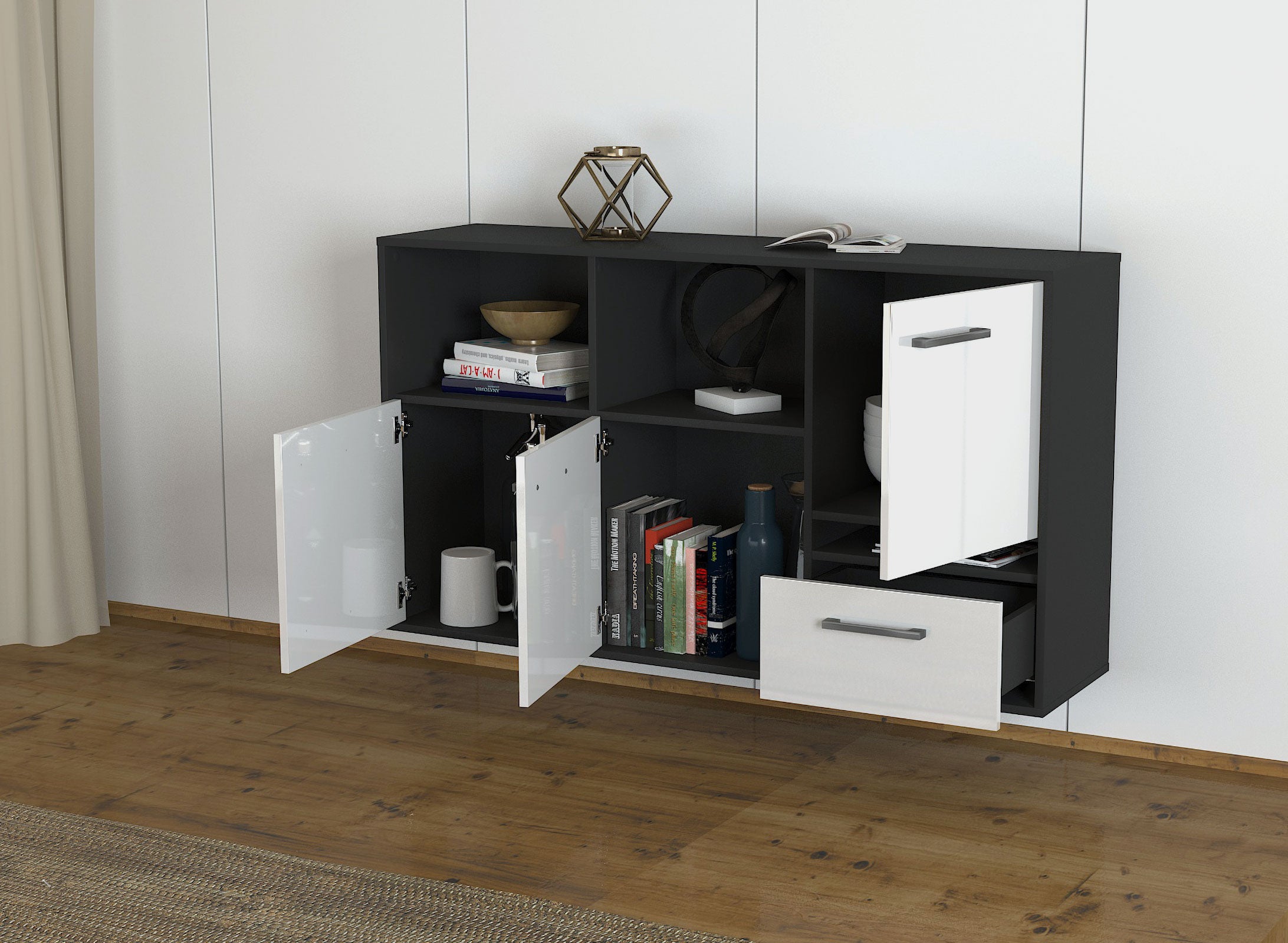 Sideboard - EDA - Design Hochglanz - Wandmontage mit Griffe 136 cm Anthrazit