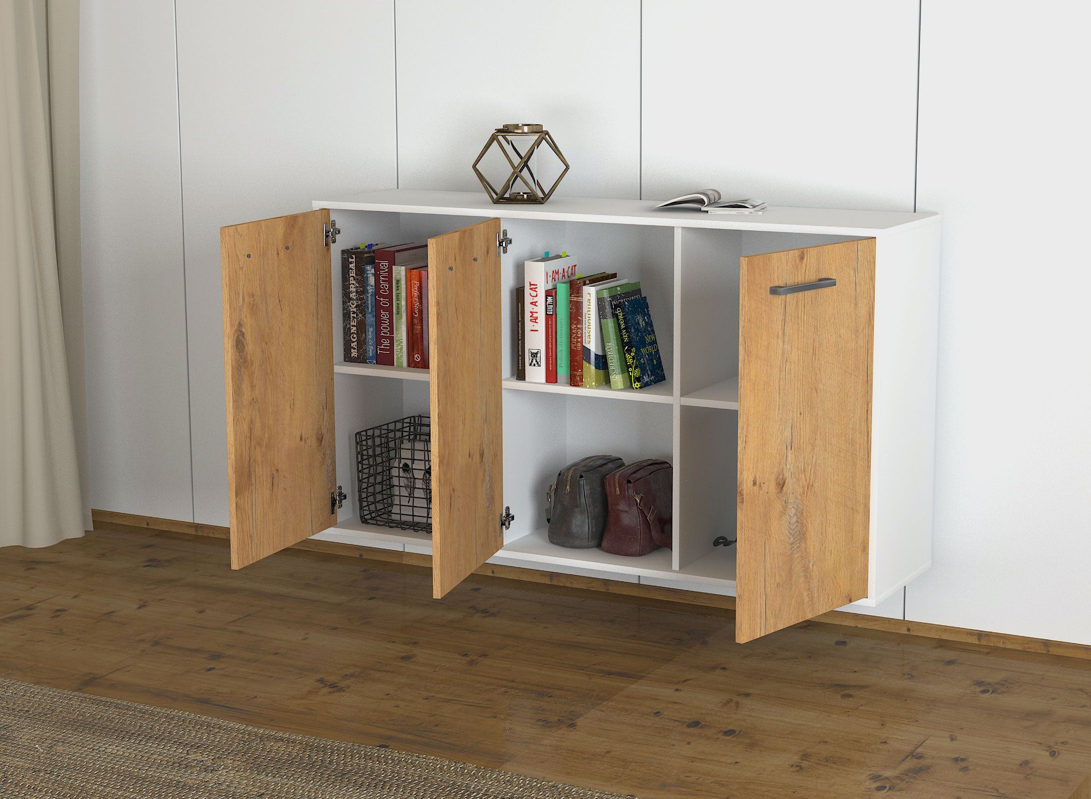 Sideboard - Delia - Design Holzdekor - Wandmontage mit Griffe 136 cm Weiss