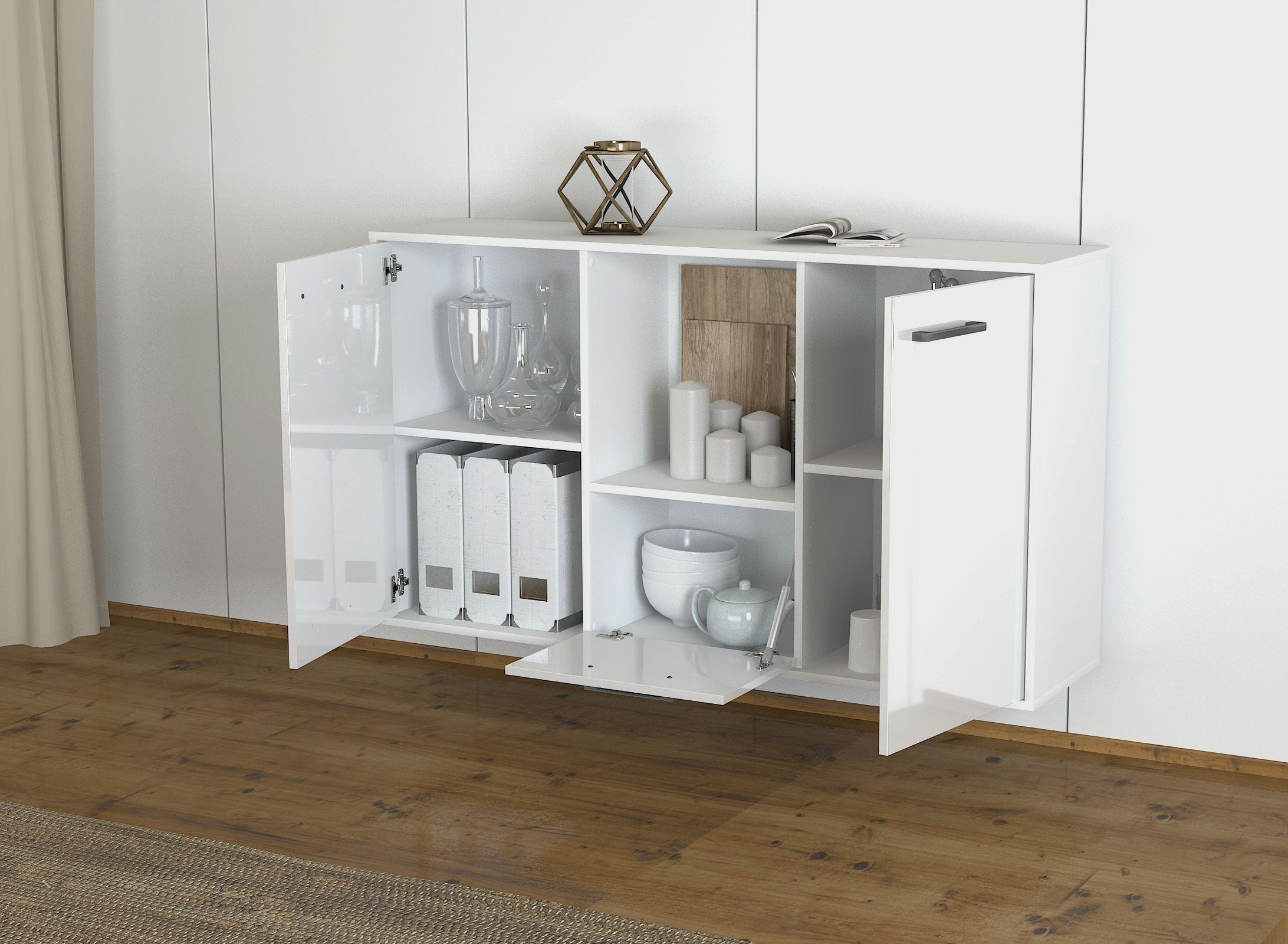 Sideboard - Dhonna - Design Hochglanz - Wandmontage mit Griffe 136 cm Weiss