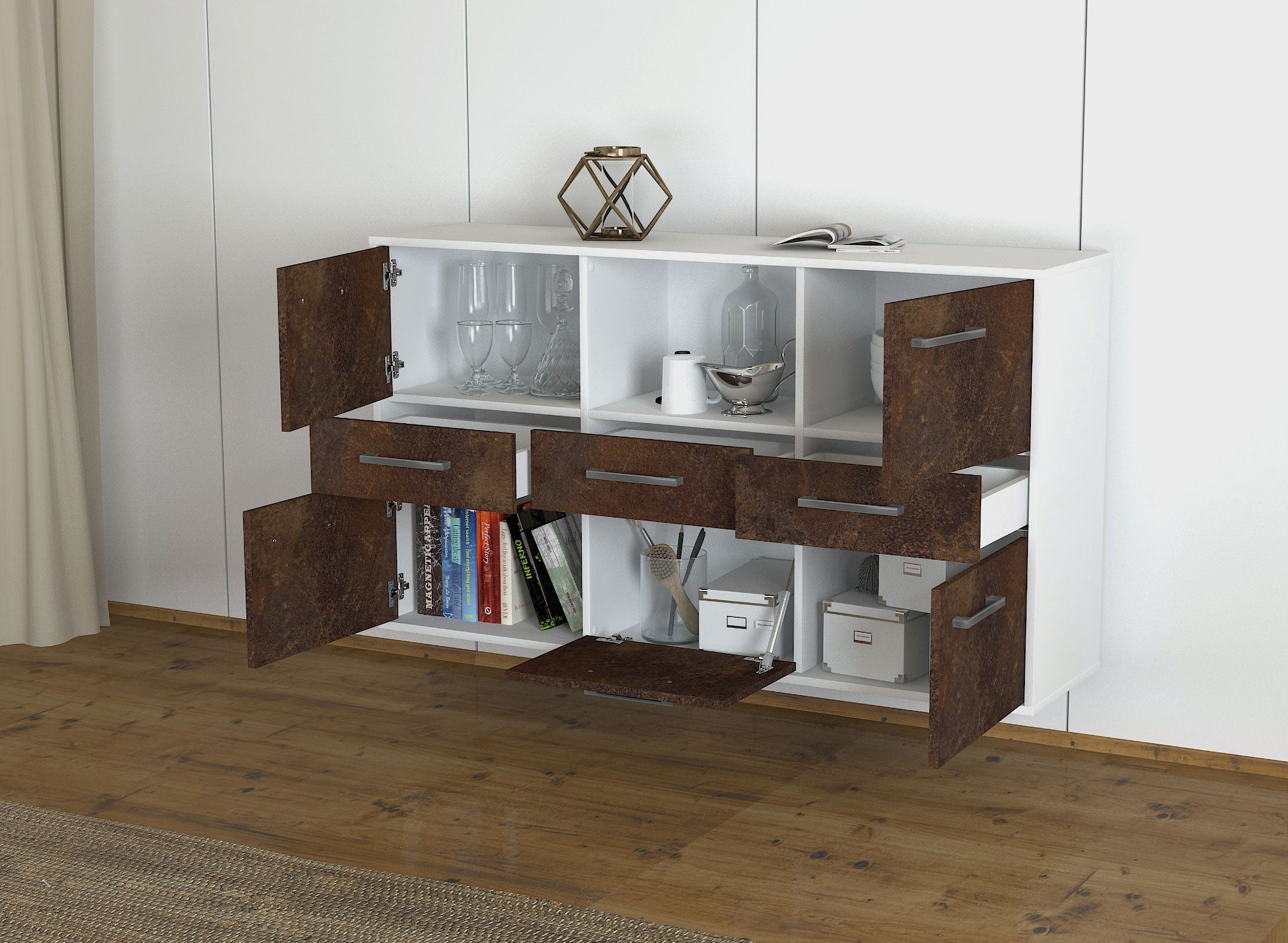 Sideboard - Dominika - Design Industrie Stil - Wandmontage mit Griffe 136 cm Weiss