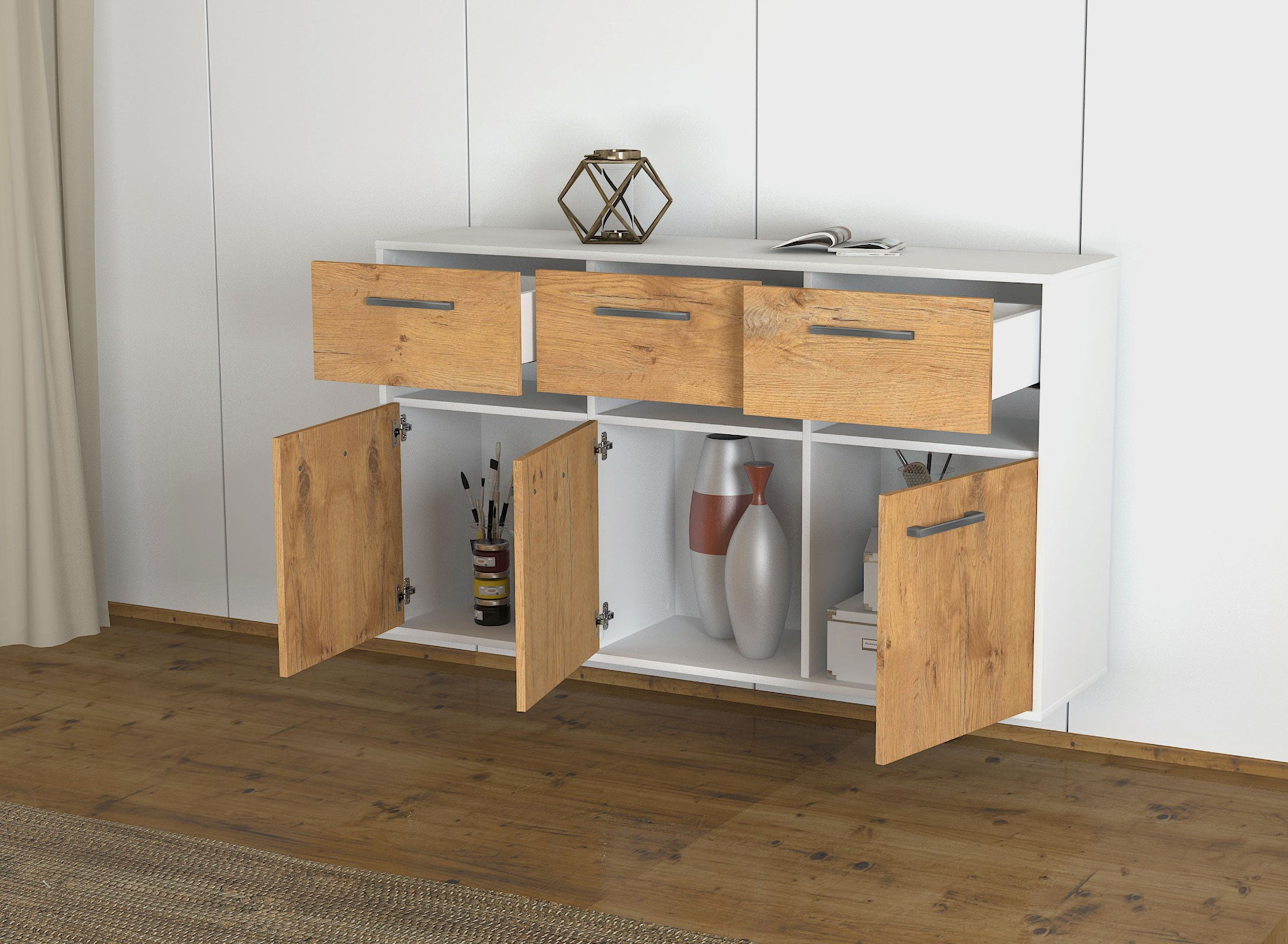 Sideboard - Dorinde - Design Holzdekor - Wandmontage mit Griffe 136 cm Weiss