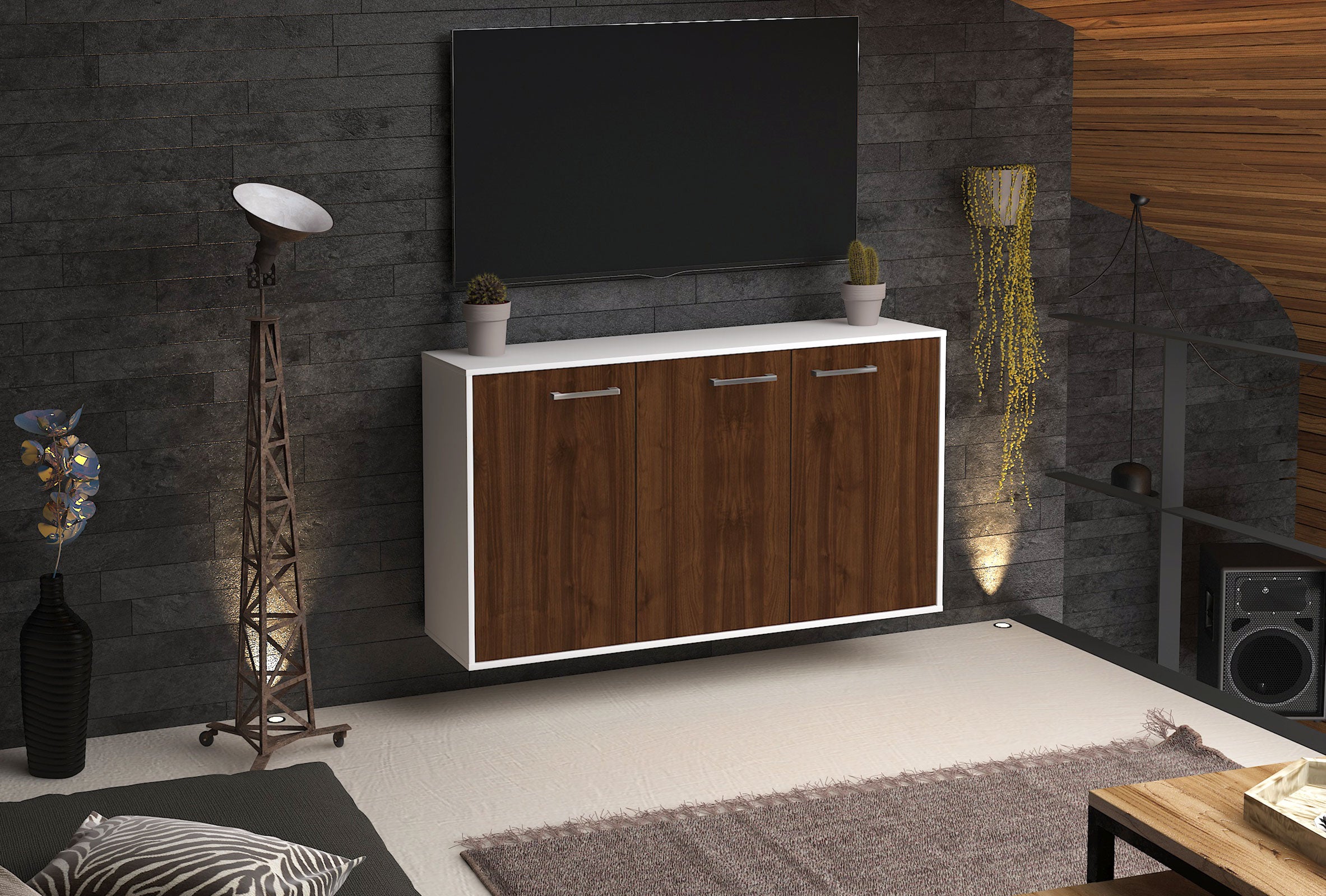 Sideboard - Delia - Design Holzdekor - Wandmontage mit Griffe 136 cm Weiss