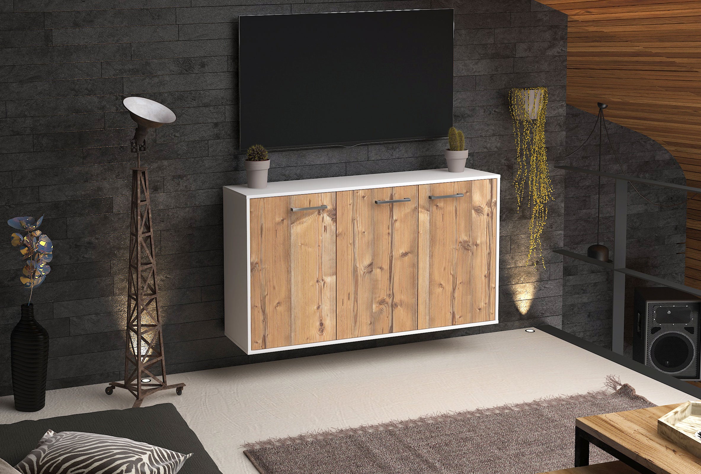 Sideboard - Delia - Design Holzdekor - Wandmontage mit Griffe 136 cm Weiss