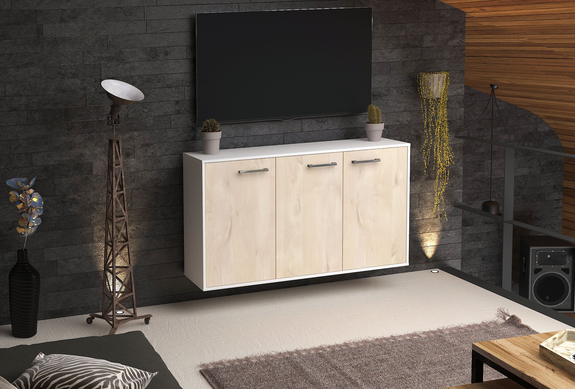 Sideboard - Delia - Design Holzdekor - Wandmontage mit Griffe 136 cm Weiss