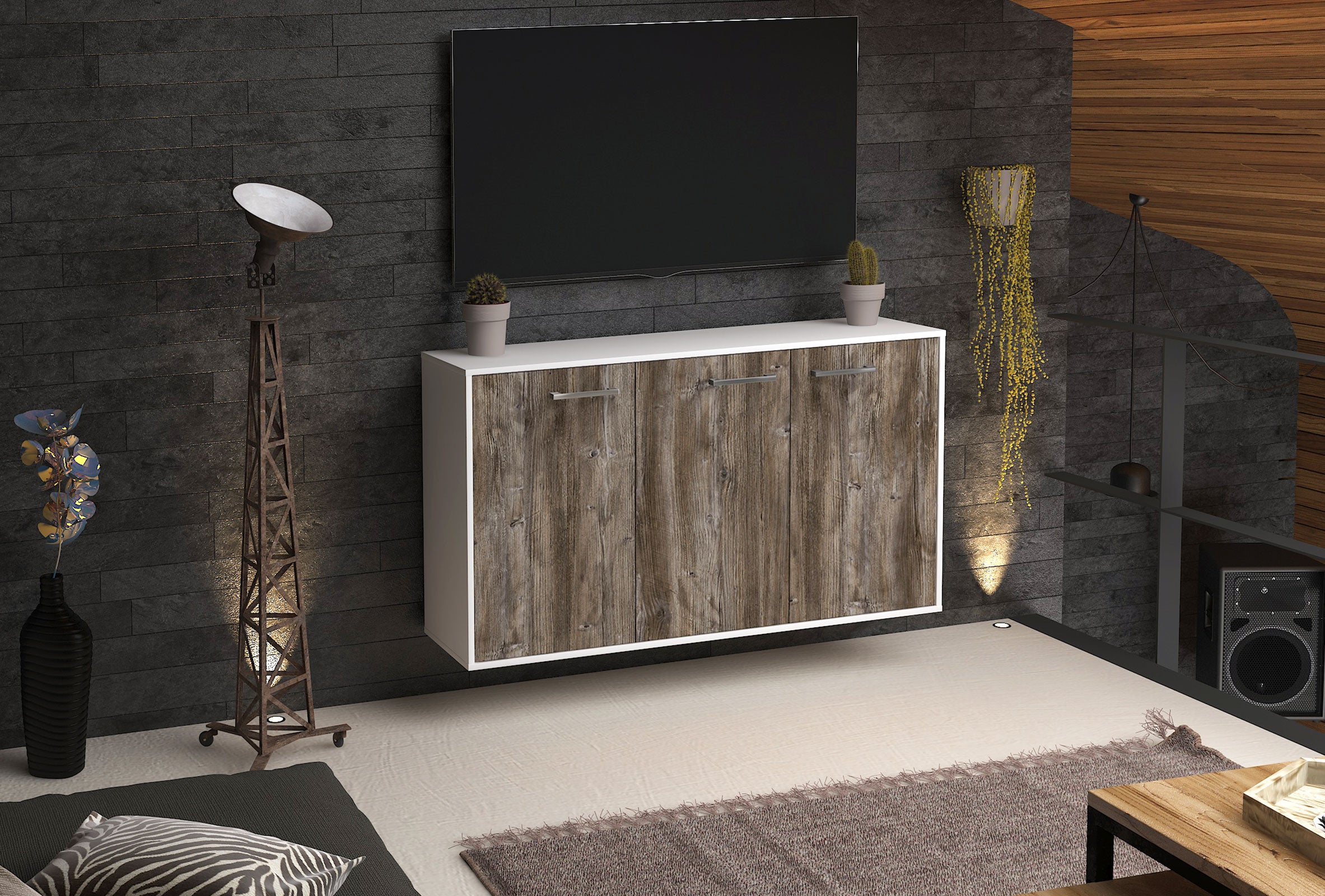 Sideboard - Delia - Design Holzdekor - Wandmontage mit Griffe 136 cm Weiss