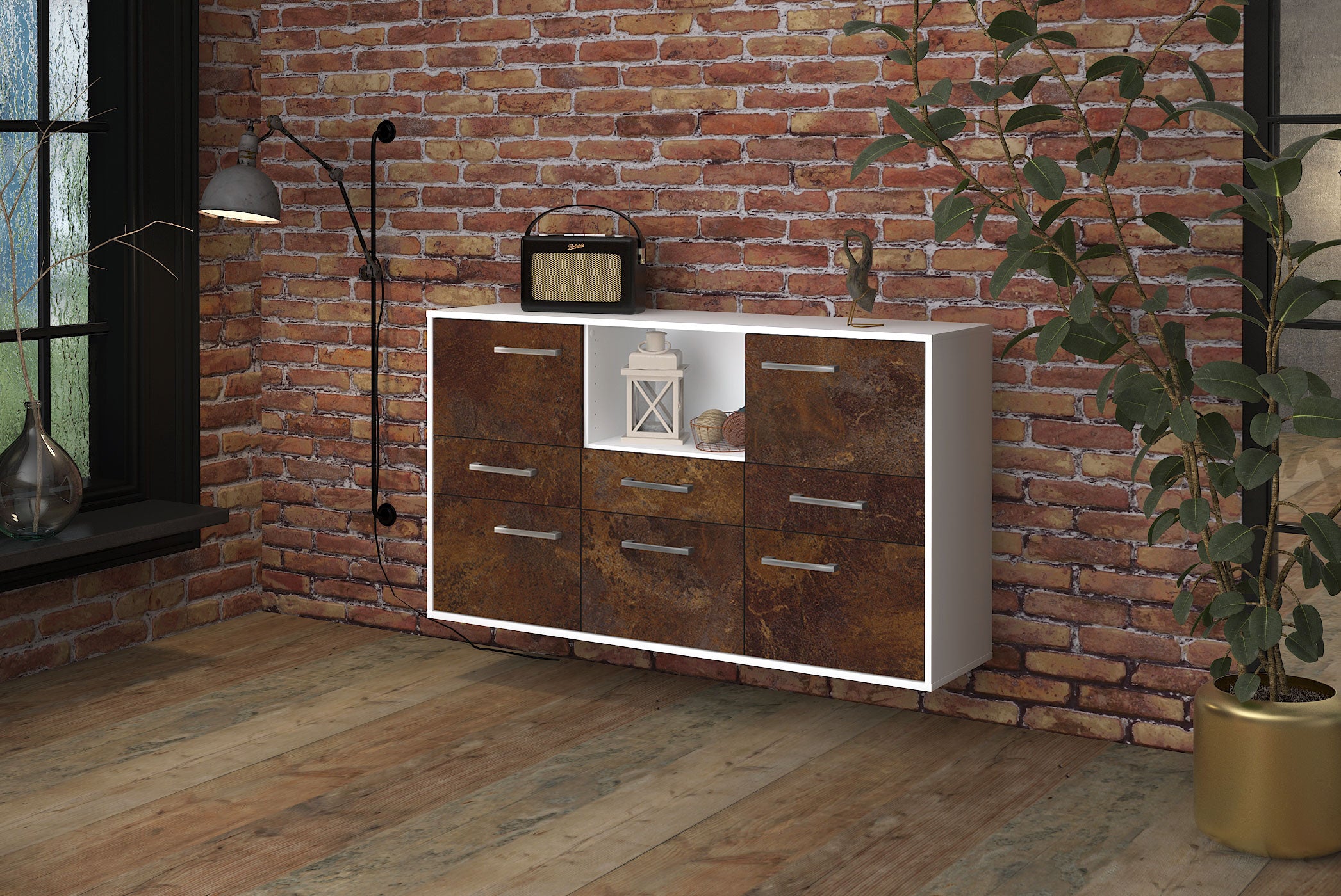 Sideboard - Dominika - Design Industrie Stil - Wandmontage mit Griffe 136 cm Weiss