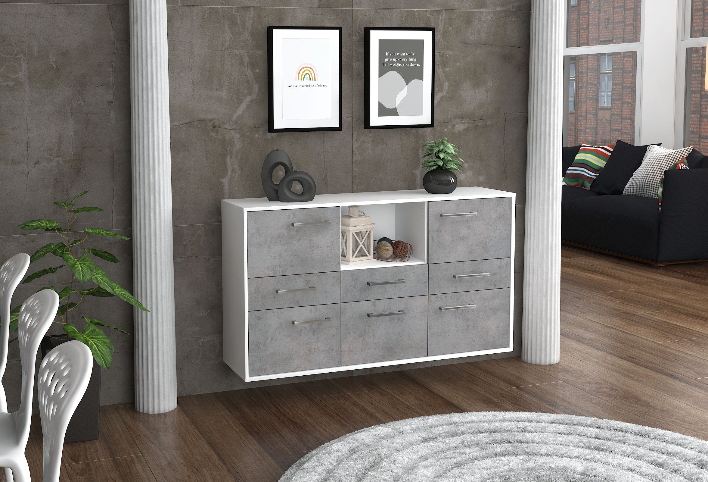 Sideboard - Dominika - Design Industrie Stil - Wandmontage mit Griffe 136 cm Weiss