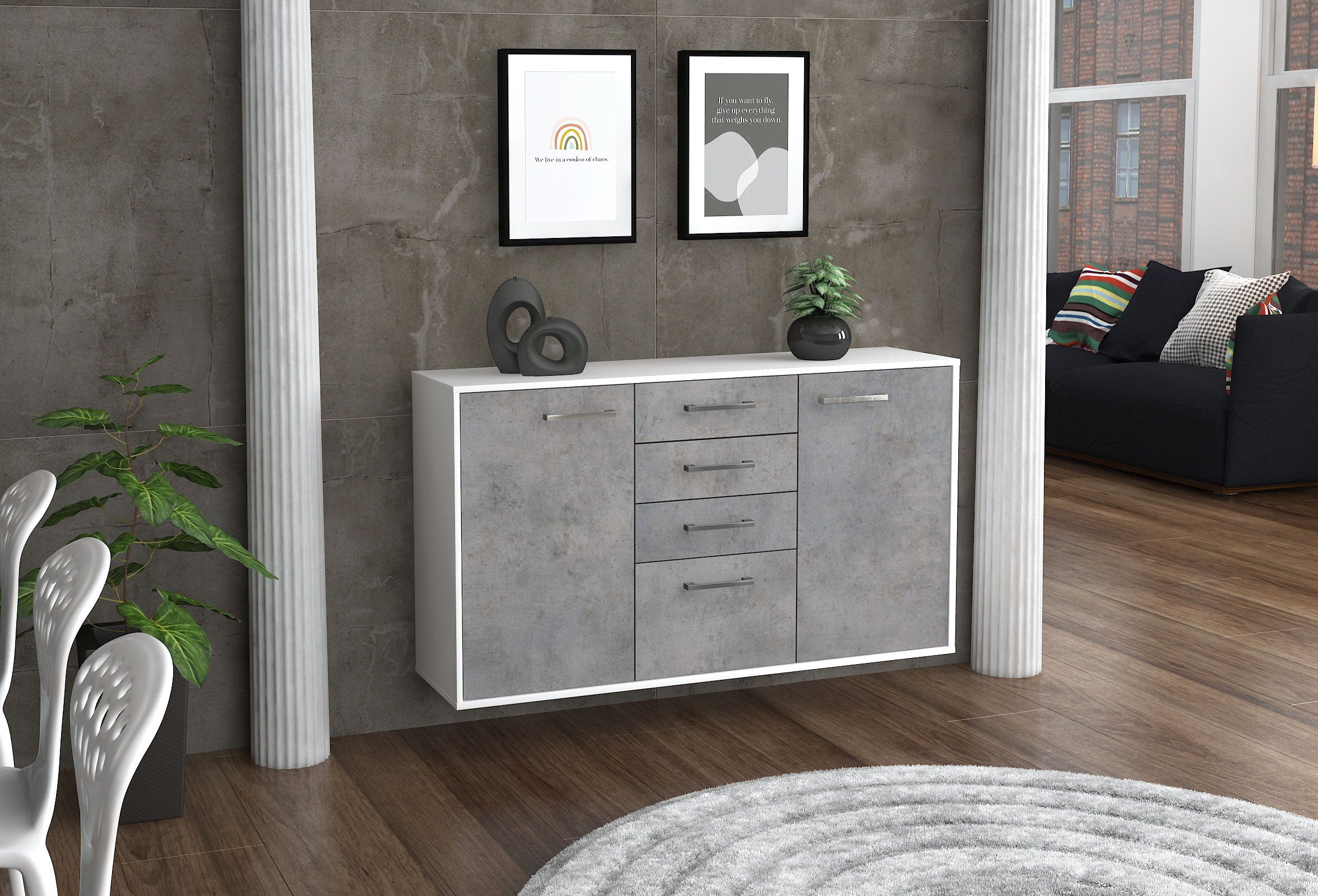 Sideboard - Donatella - Design Industrie Stil - Wandmontage mit Griffe 136 cm Weiss