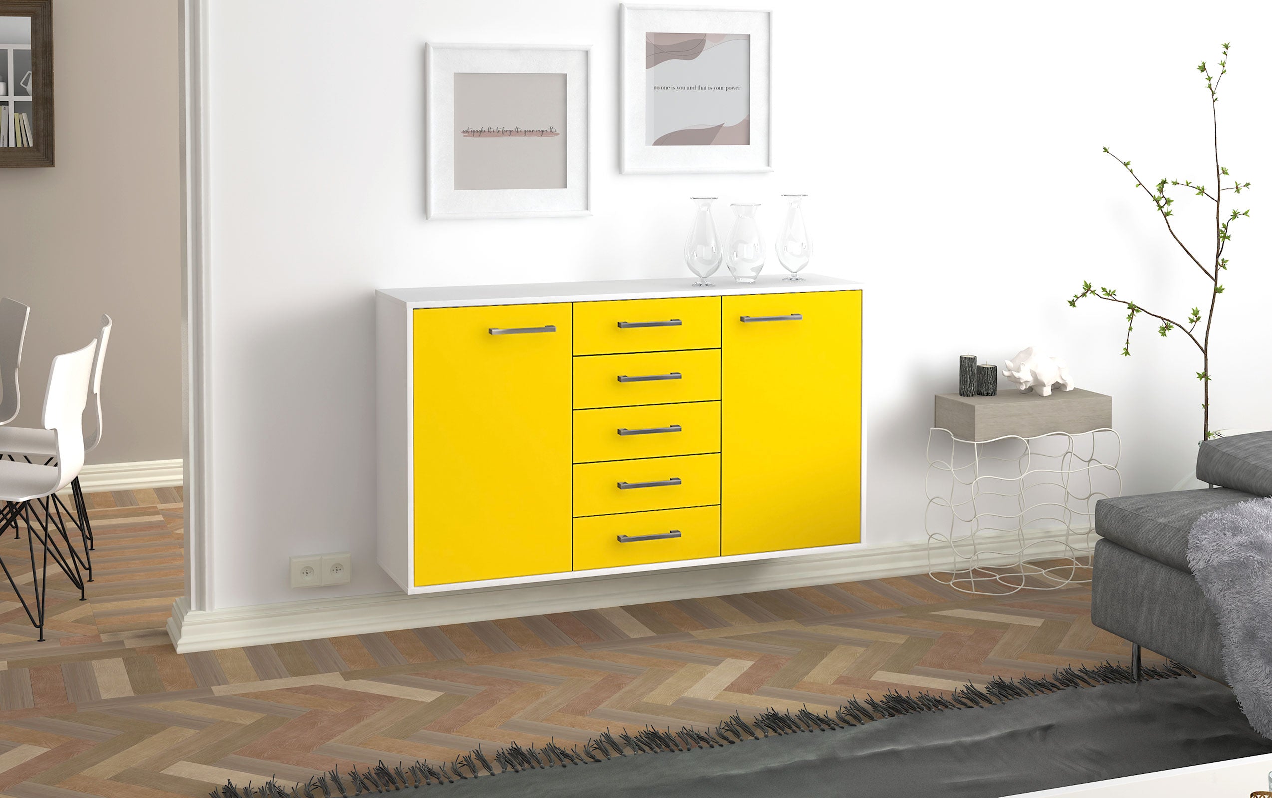 Sideboard - Dorelly - Design Farbakzent - Wandmontage mit Griffe 136 cm Weiss