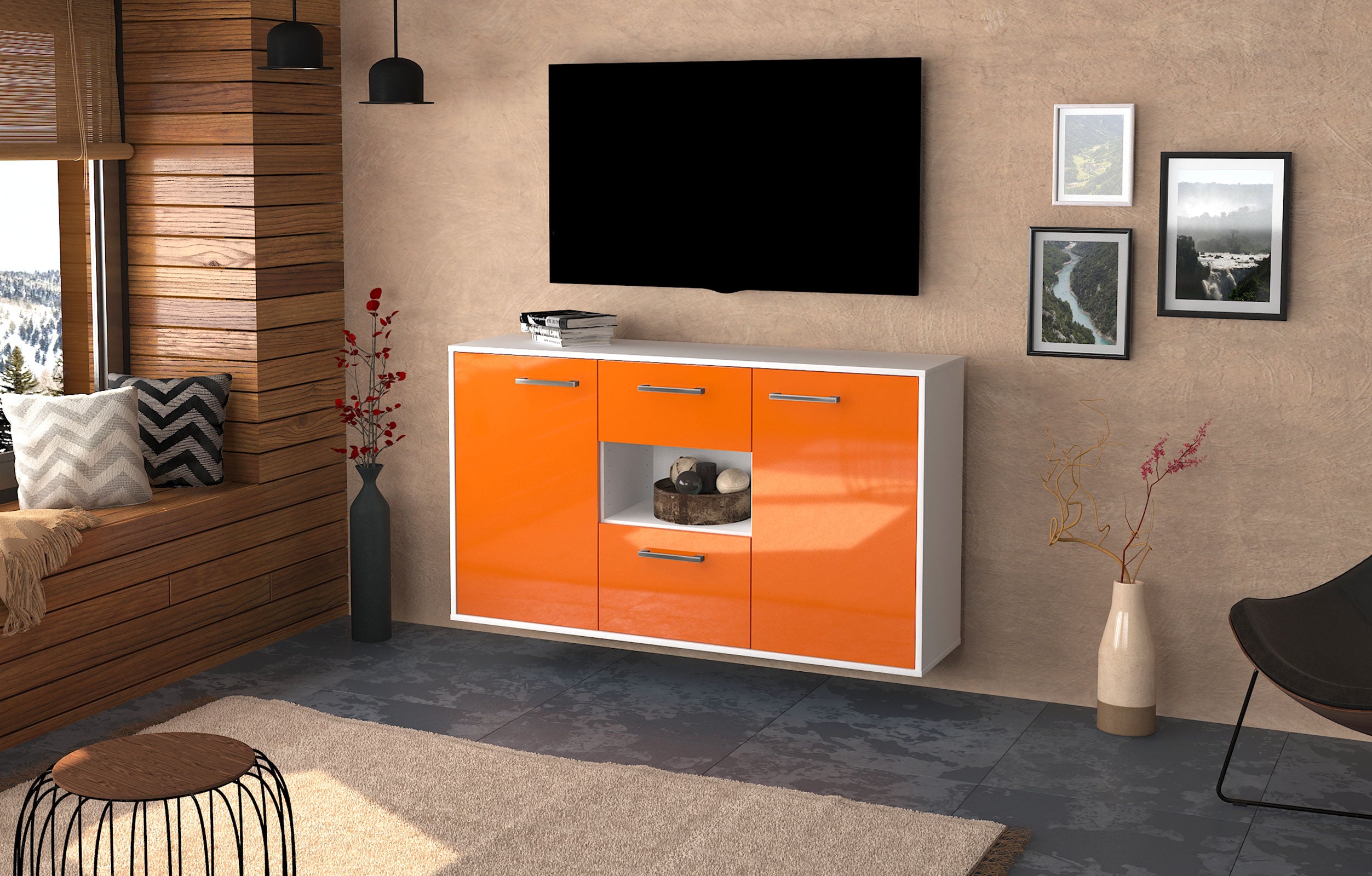 Sideboard - Doriana - Design Hochglanz - Wandmontage mit Griffe 136 cm Weiss